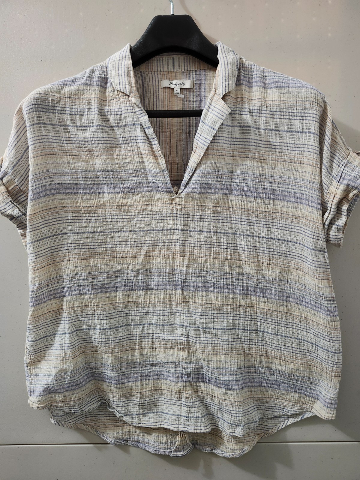 Madewell Top Womens M Hayden Popover Collar Crinkle Woven Wide Boxy Beach Boho