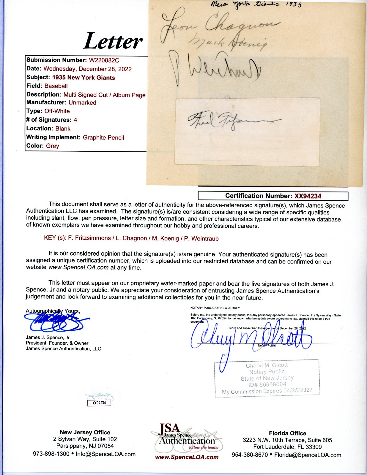 1935 New York Giants signed album page PSA DNA auto Mark Koenig Phil Weintraub
