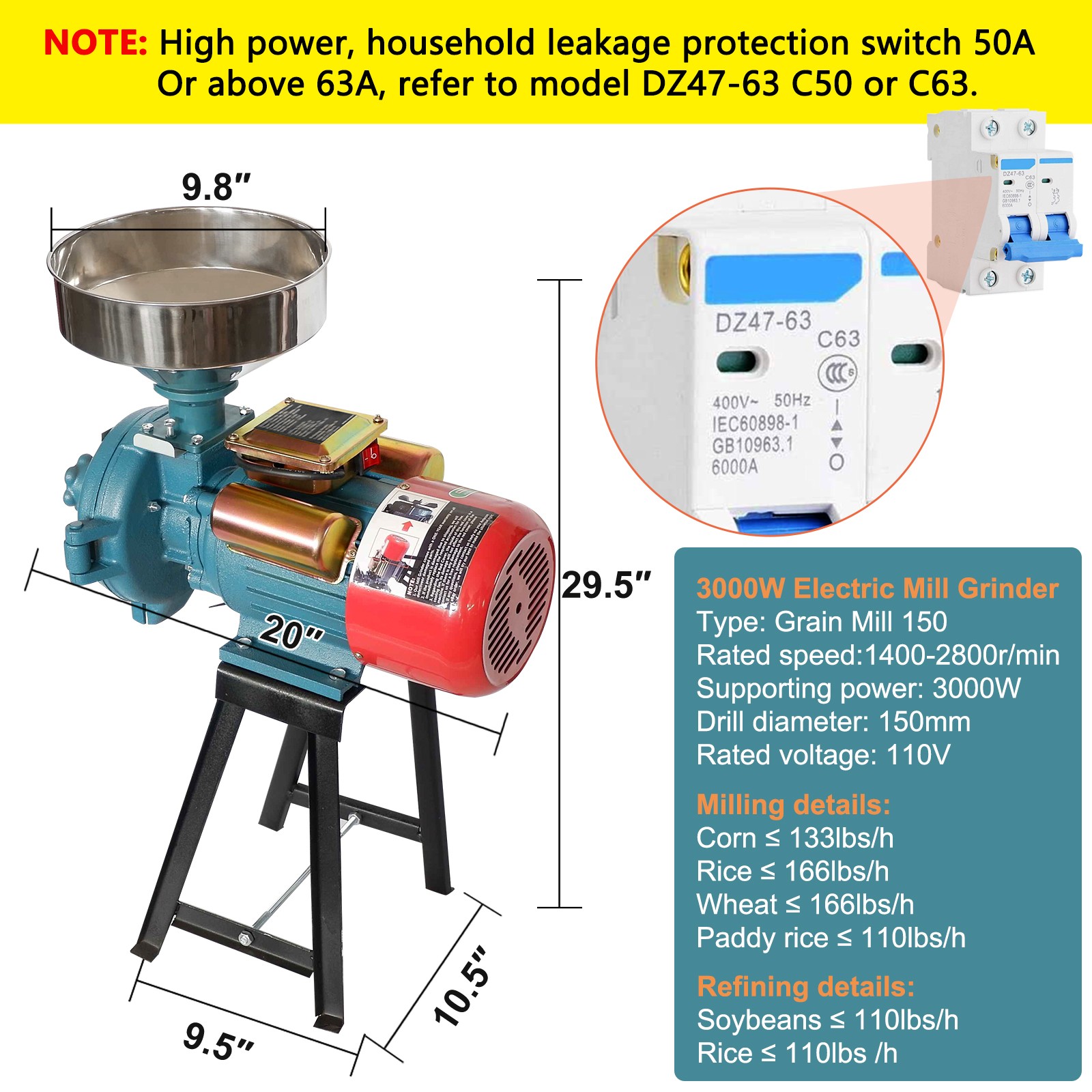 SLSY Electric 3000W Feed Mill Grinder,Wet Dry Grinding for Coffee&Soybeans Grain