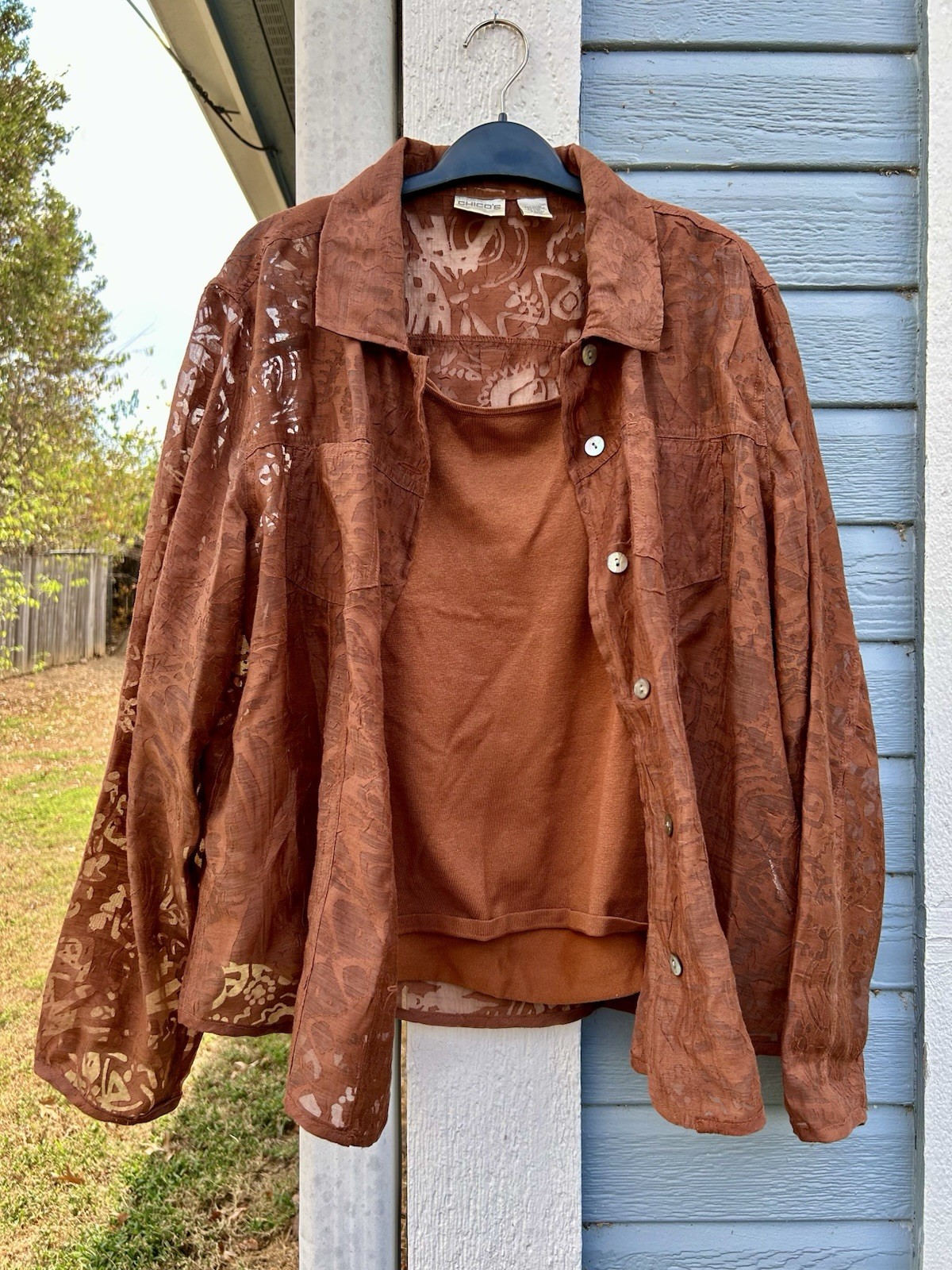 Vintage Chico’s 2 Pc Burnout Floral Shirt & Cami Set Rust Brown Sheer Boho