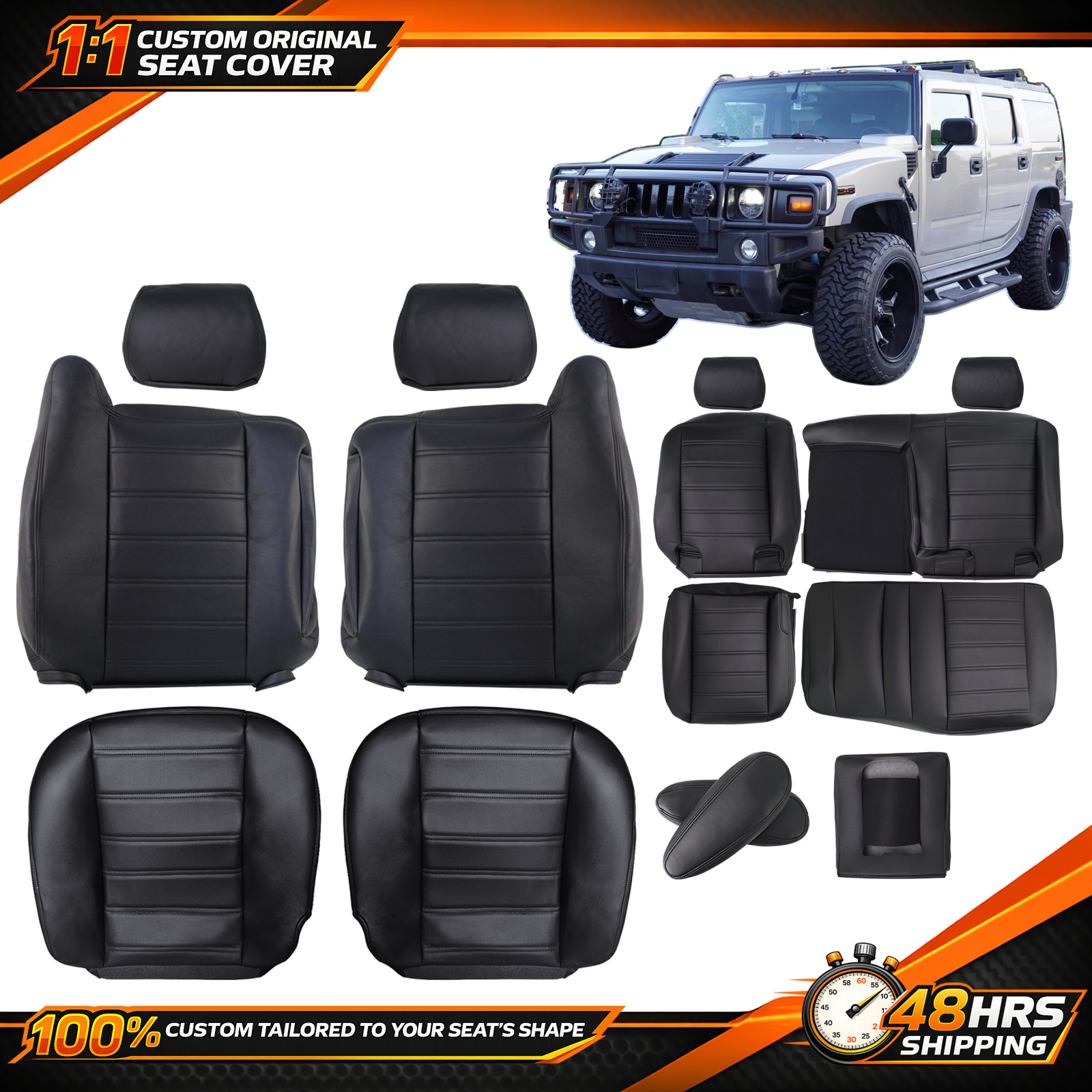 Hummer H2 For 2003- 2006 2007 Front & Rear Full Set  Leather Seat Cover Black