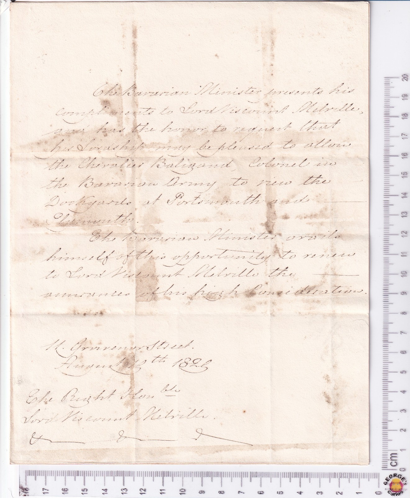 1829 Baron de Cetto Viscount Melville Access Portsmouth Dockyard Army Colonel