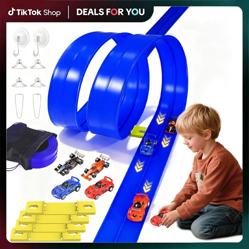 Flexible Toy Car Race Track for Kids Starter Set-20FT with 4 Cars - Blue- Gift