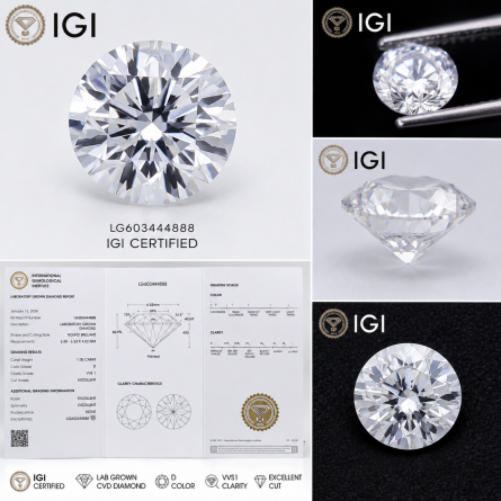 2.14 Ct Round Lab Grown CVD Diamond D Color VVS1 IGI Certified 