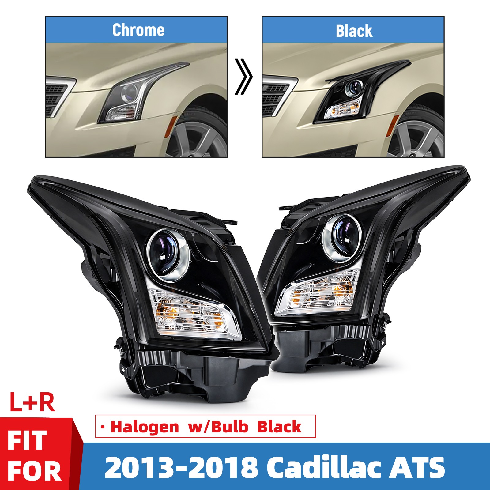 Halogen Headlights For 2013-2018 Cadillac ATS Projector w/ Bulb Black Pair LH+RH