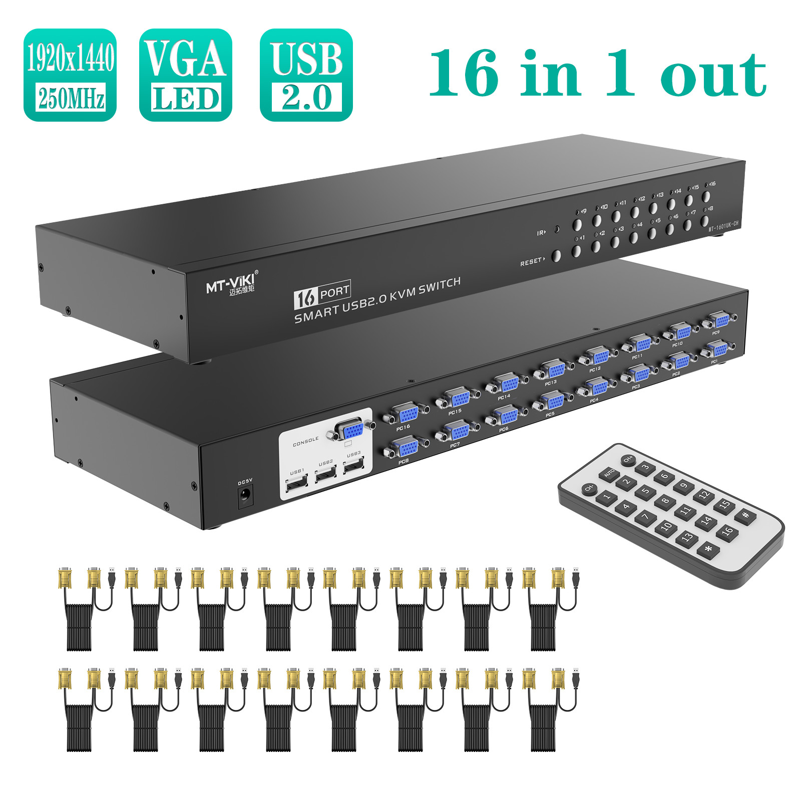 MT-VIKI 16 Port VGA KVM Switch Fit 1U 19''Rack Console Included 16 KVM Cables MT-VIKI 16 Port VGA KVM Switch Fit 1U 19''Rack Console Included 16 KVM Cables
