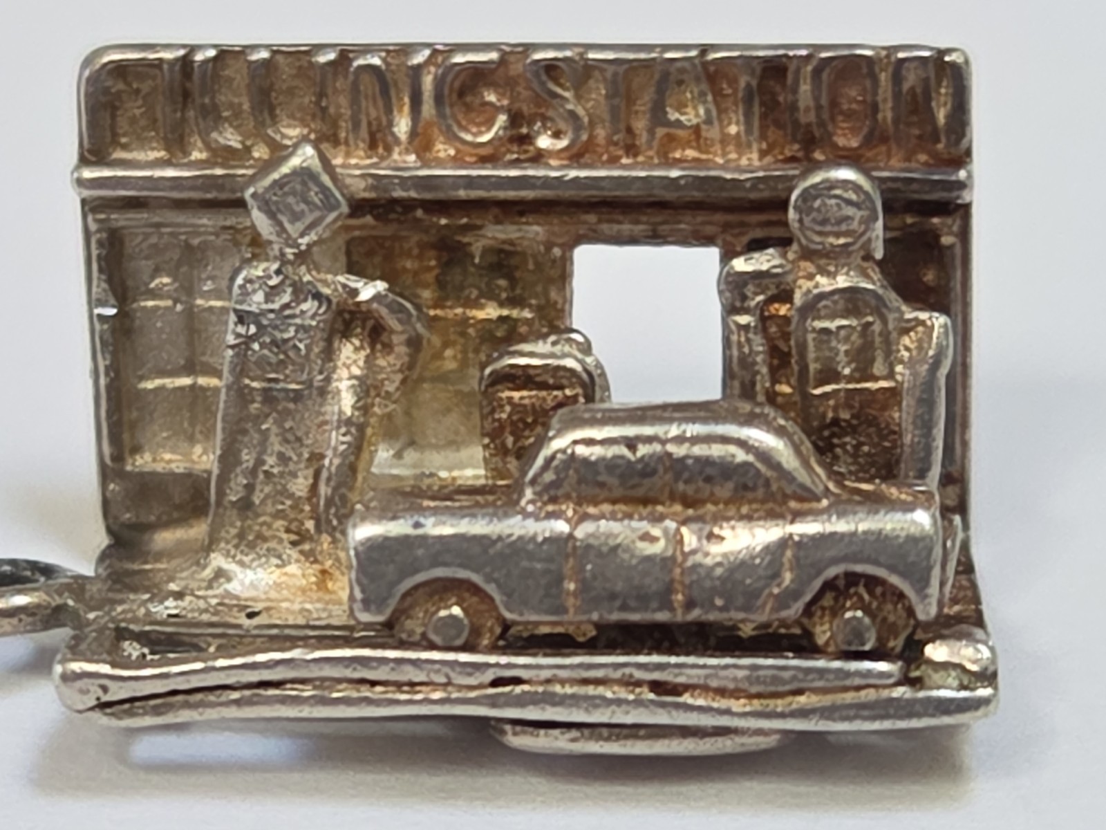 Sterling Silver ~ Gas Filling Station Charm ~ CAR MOVES ~ VERY RARE ~ VINTAGE Sterling Silver ~ Gas Filling Station Charm ~ CAR MOVES ~ VERY RARE ~ VINTAGE
