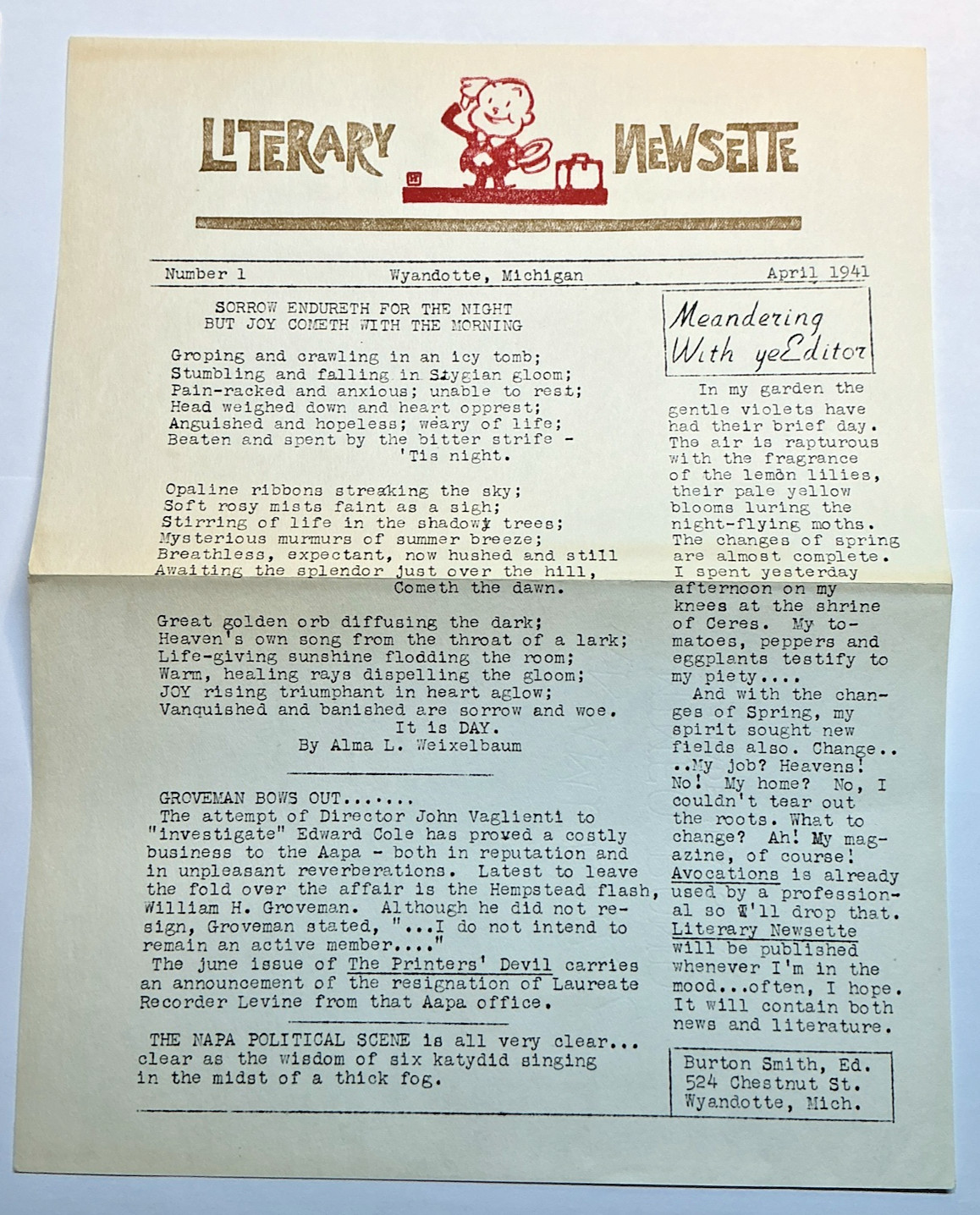 1941 Literary Newsette No 1 First Issue Burton Jay Smith NAPA Amateur Press