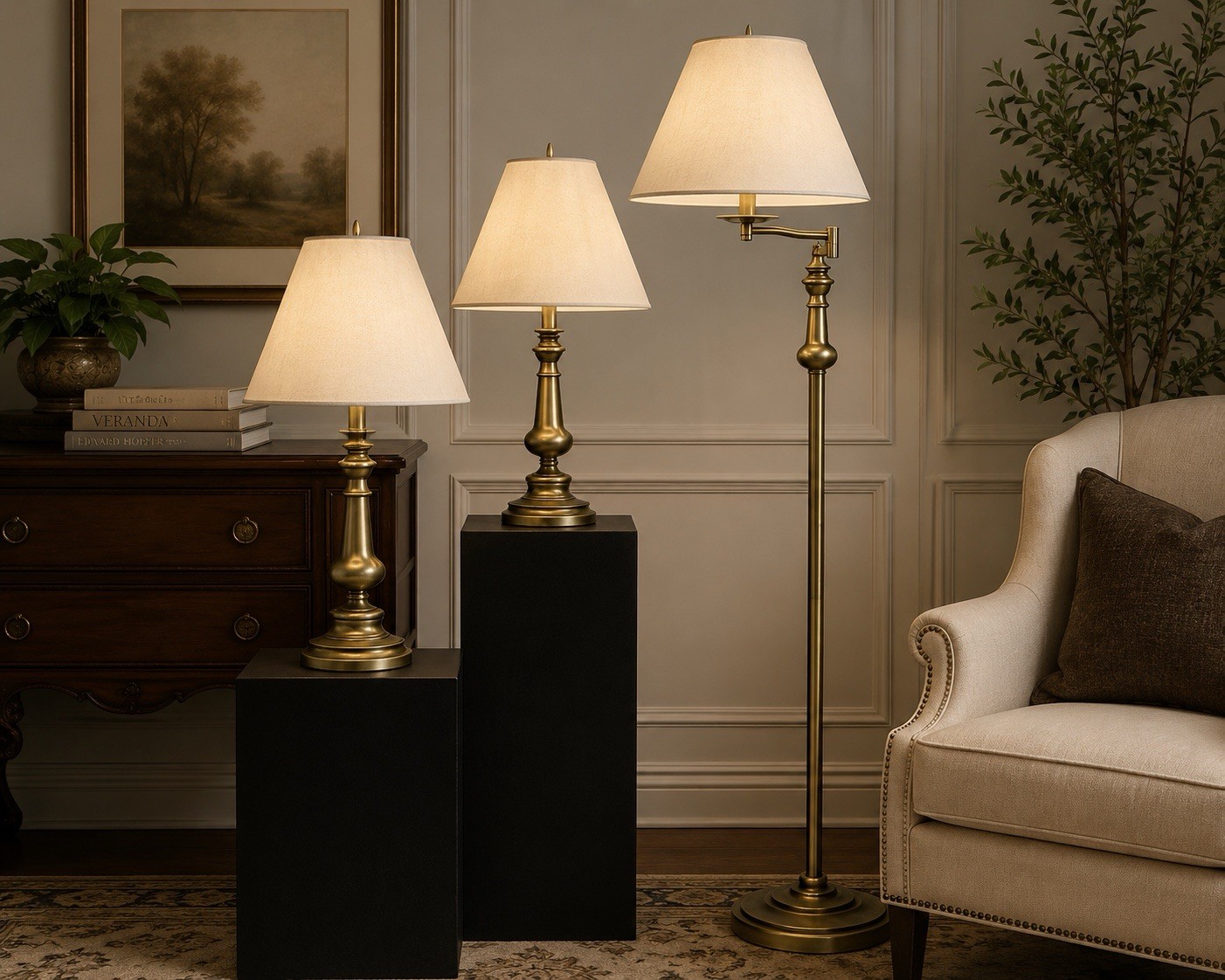 STIFFEL Expressions Empire Bronze 3pc Lamp Set Floor & Table Lamps New Open Box