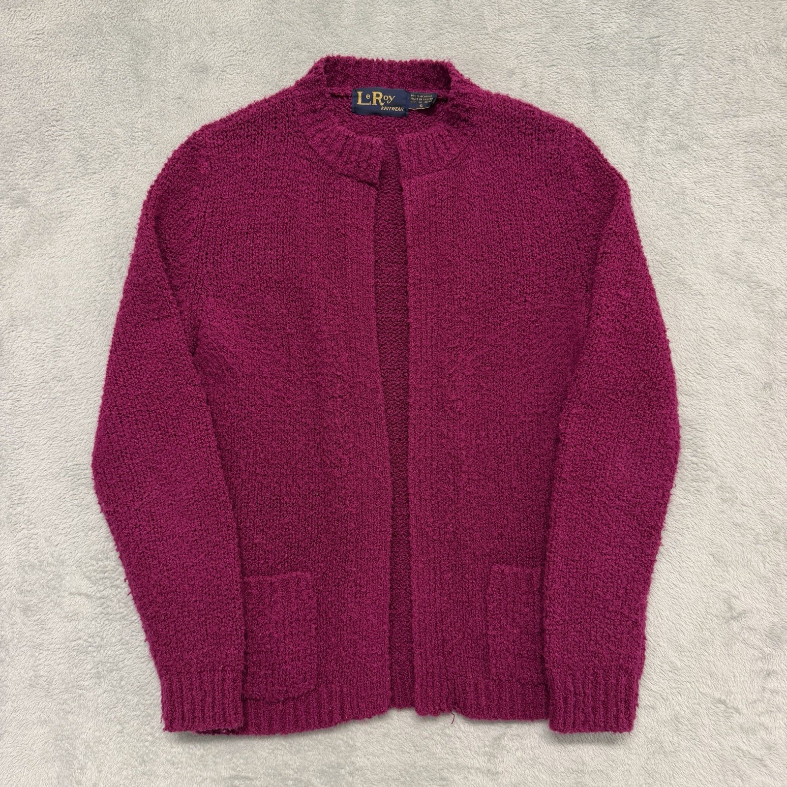 Vintage Le Roy Knitwear Cardigan Womens S Magenta Pink Boucle Open Front 90s