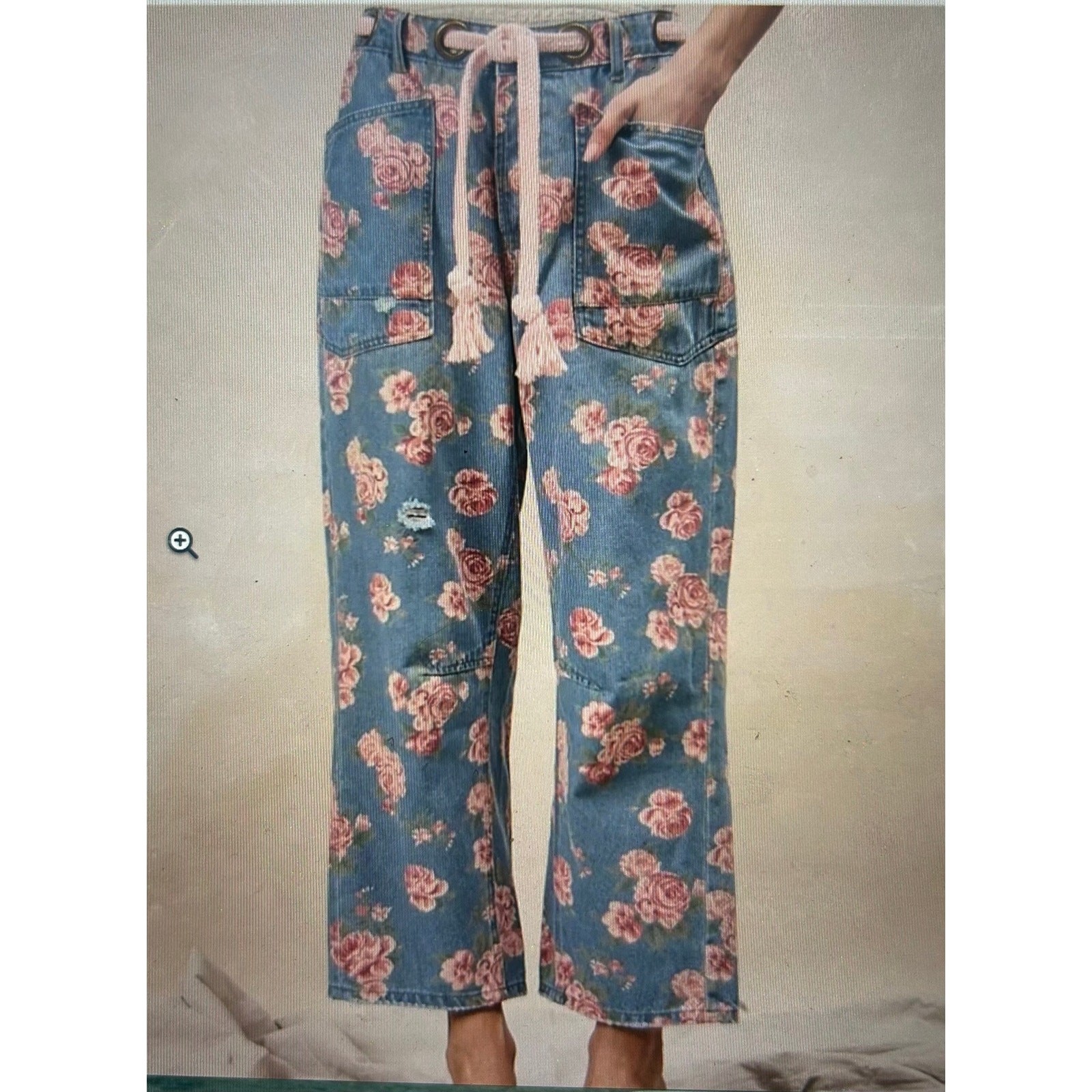 NWT BIBI FLORAL BARREL DENIM WITH PINK BRAIDED BELT SIZE XL