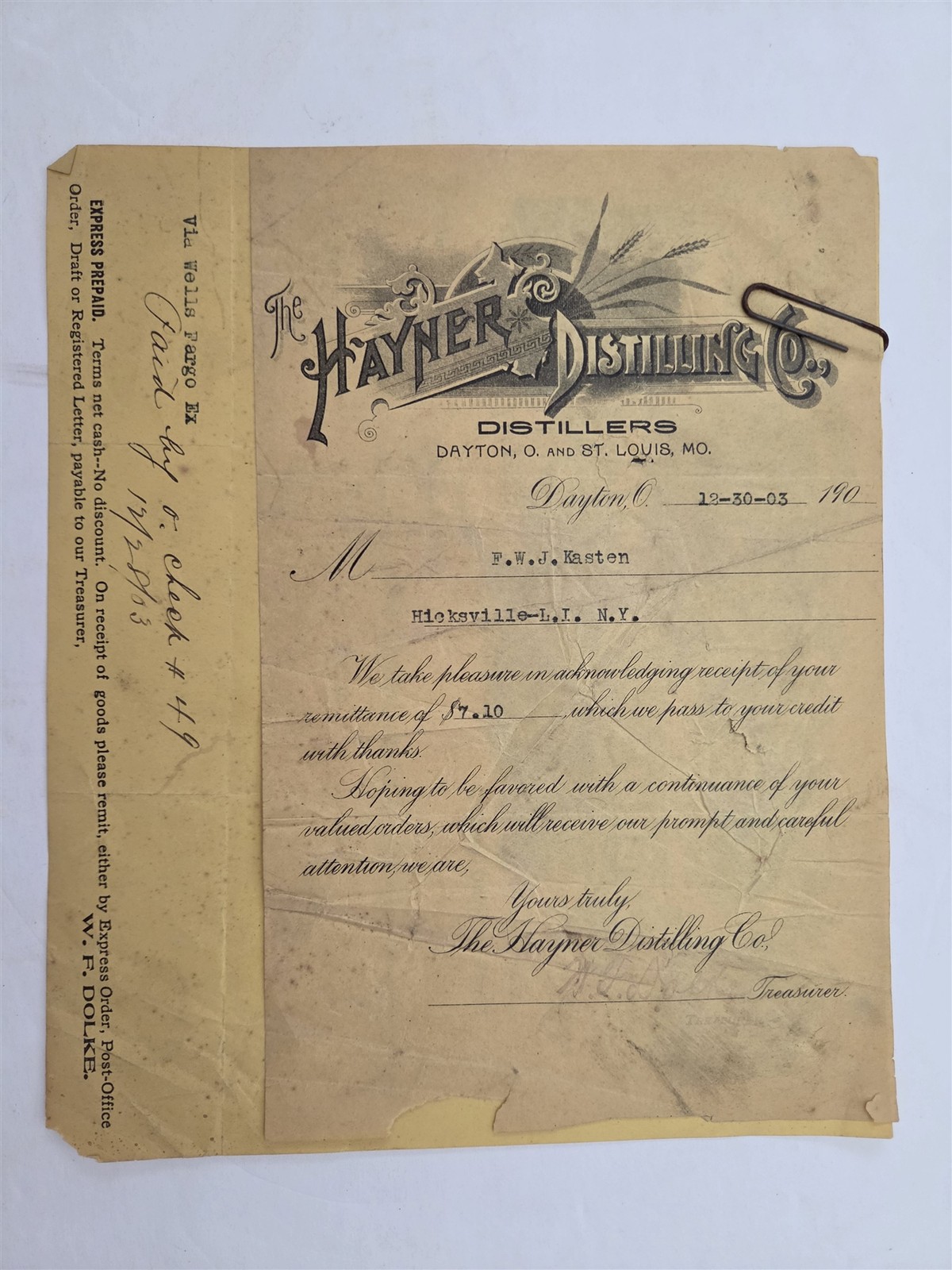 1903 antique HAYNER DISTILLING Co WHISKEY hicksville ny RYE BOURBON BILLHEAD 2pc