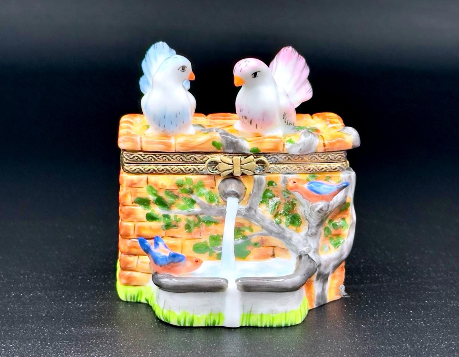 Authentic Rochard Limoges Bird Bath Fountain Trinket Box Doves Bluebirds France