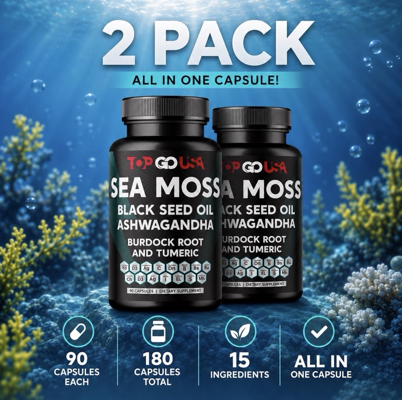 🌿 2 PACK Sea Moss Super Blend – 180 Capsules Total
