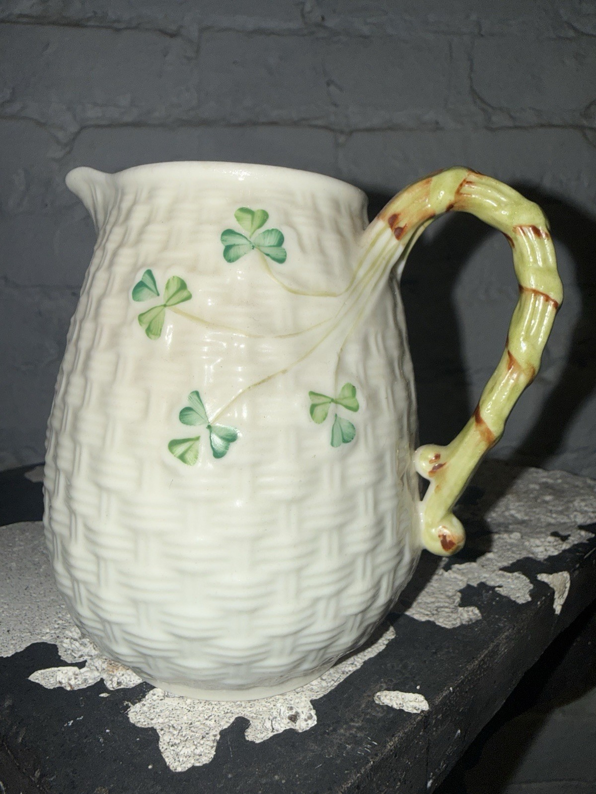 Vintage Rare BELLEEK Shamrock Pitcher Made In Ireland Green Mark