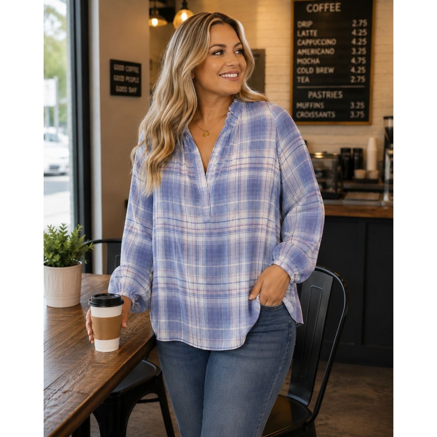 Intro Love the Fit Blue White Plaid Ruffle Neck Lyocell Blouse Top 2X NEW Intro Love the Fit Blue White Plaid Ruffle Neck Lyocell Blouse Top 2X NEW