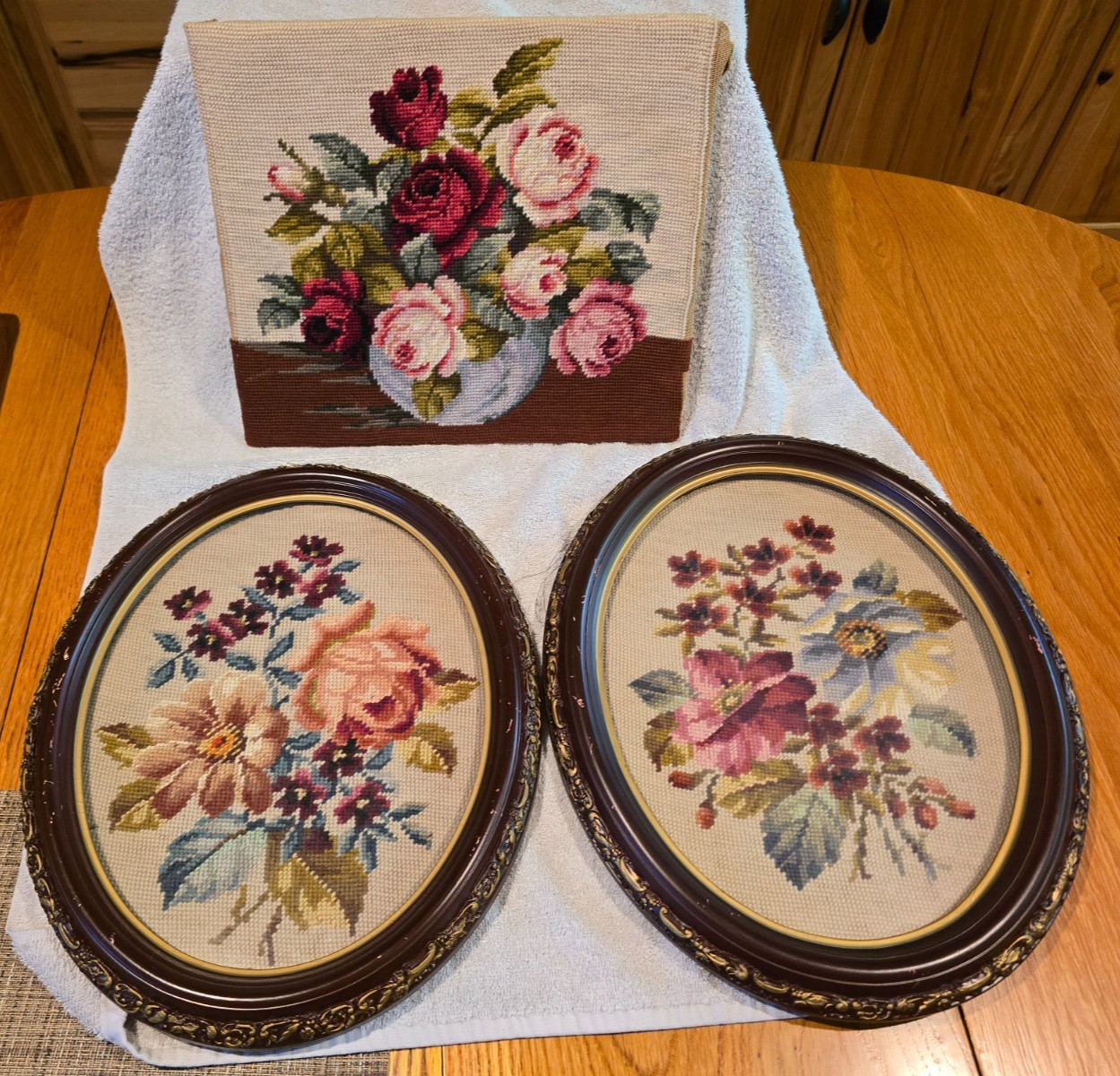 Vintage Floral Needlepoint Trio Set 3 Grandma Handmade Rose Bouquet Cottagecore