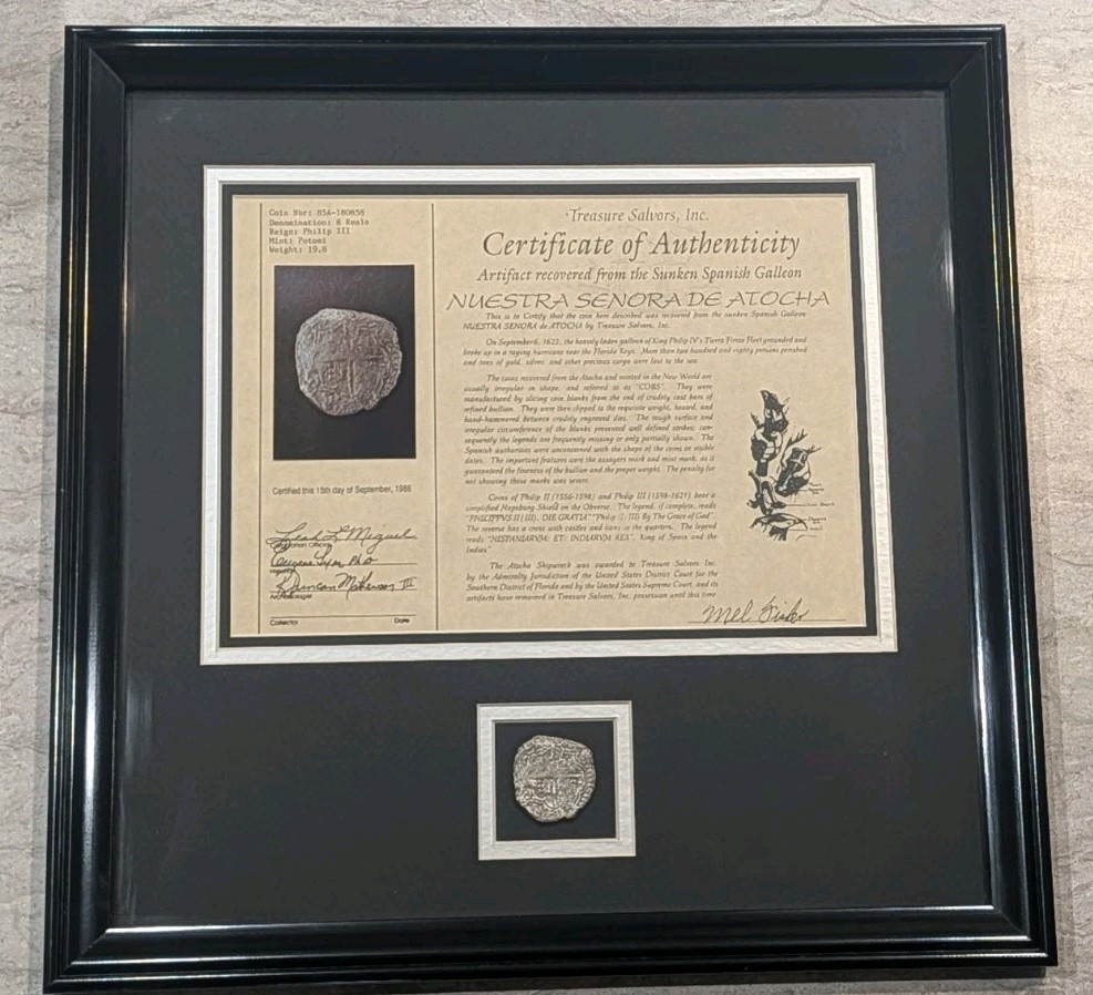 Authentic 1622 Atocha Shipwreck 8 Reales Silver Coin Grade 3 Framed Fisher COA