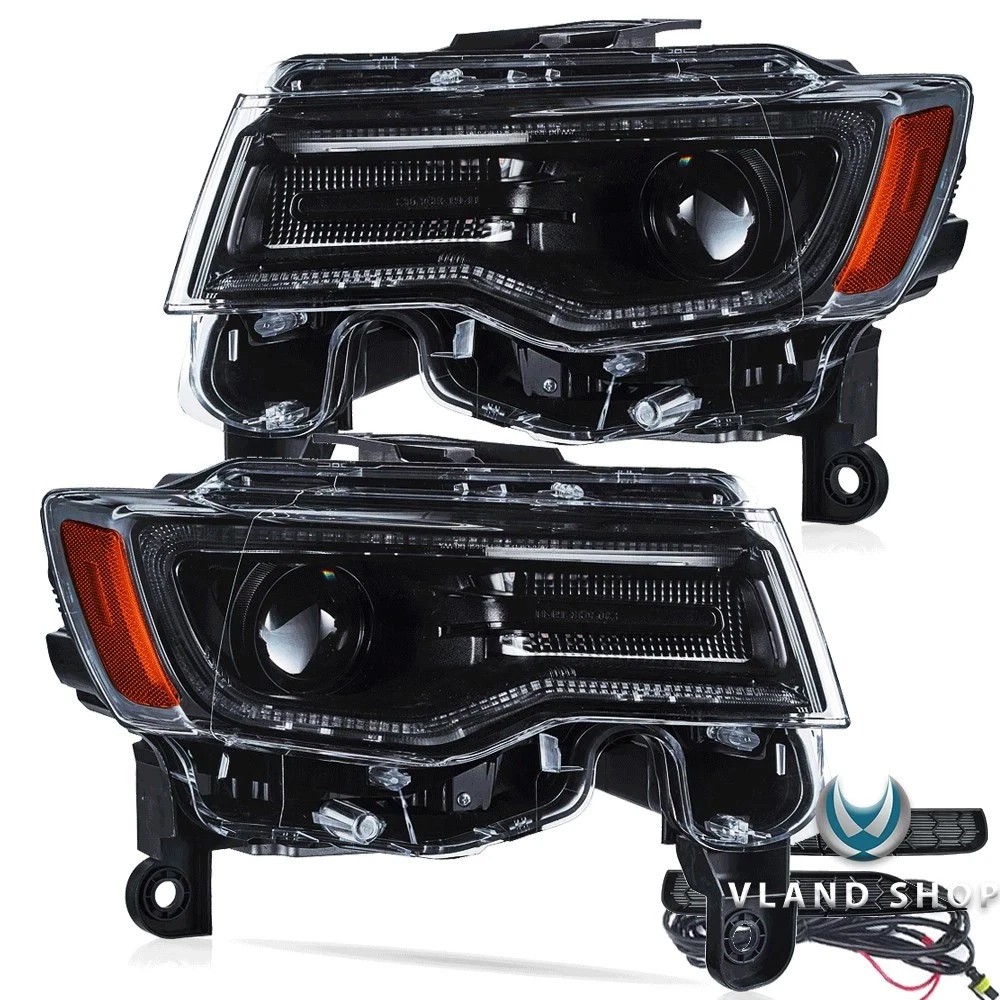 For 2014-2022 Jeep Grand Cherokee Projector LED Headlights Black W/Startup LH+RH
