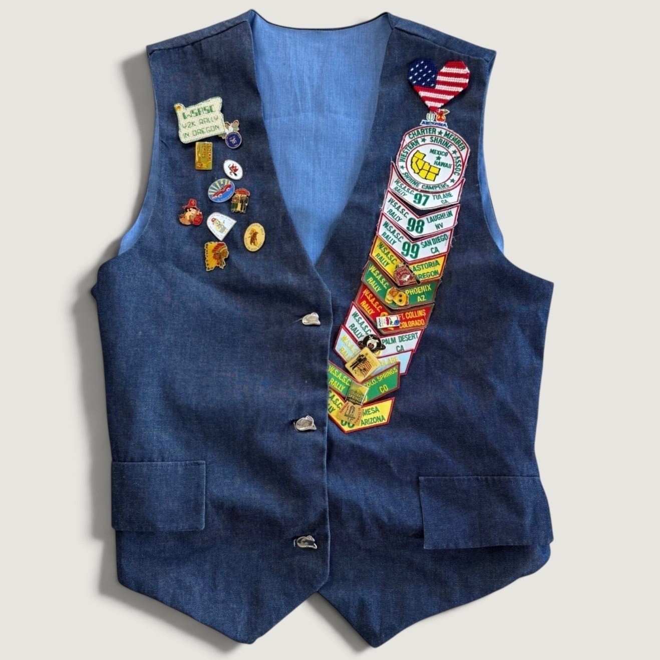 Vintage cotton handmade 90s Shriners Masonic Vest MSASC Rally Patches Pins 1997+ Vintage cotton handmade 90s Shriners Masonic Vest MSASC Rally Patches Pins 1997+