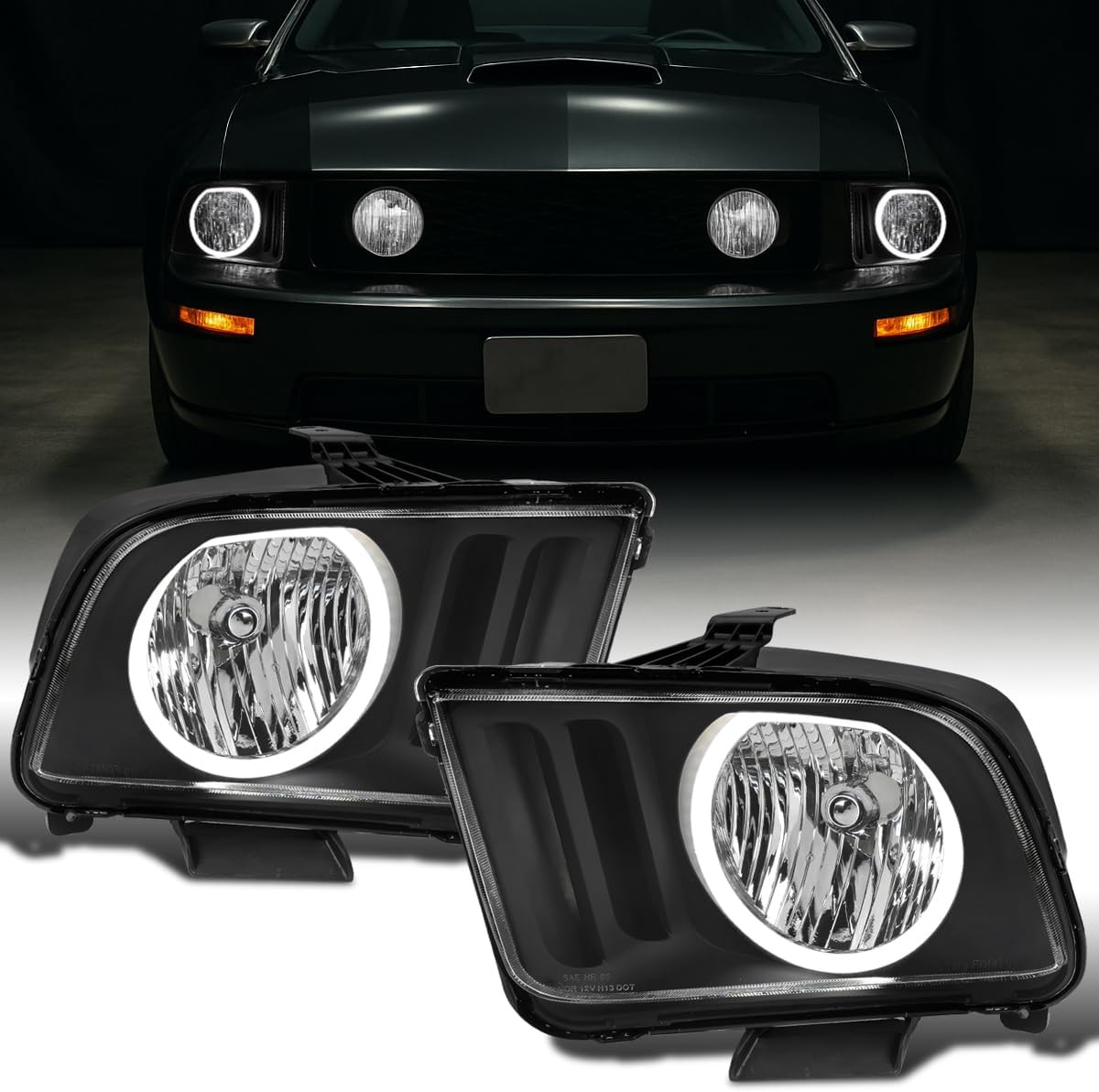 - Fits 2005-2009 Ford Mustang LED Halo Rim Halogen Headlights Assembly Pair | Bl