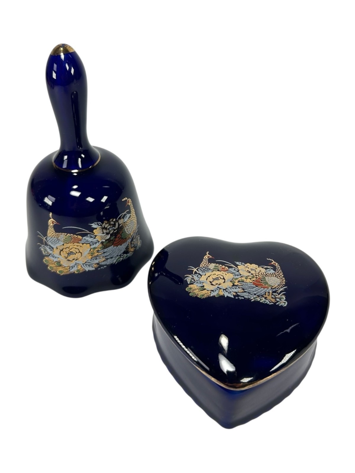 BRINN’S Navy Blue Porcelain Ceramic Bell & Heart Trinket Box Set Pheasant Floral