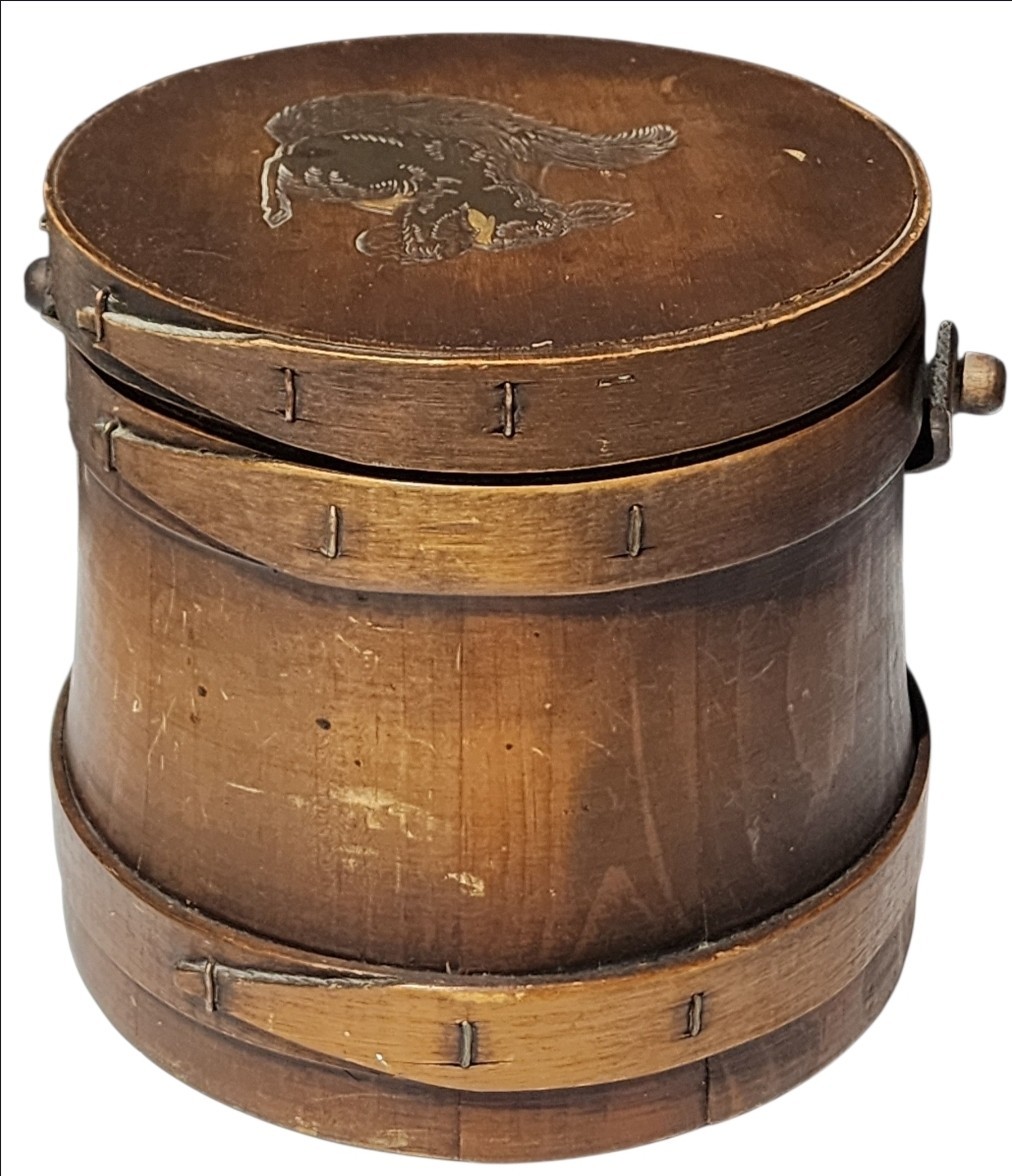 Wooden Firkin Sugar Bucket Squirrel Image Primitive With Lid Handle Antique 6\ Wooden Firkin Sugar Bucket Squirrel Image Primitive With Lid Handle Antique 6\