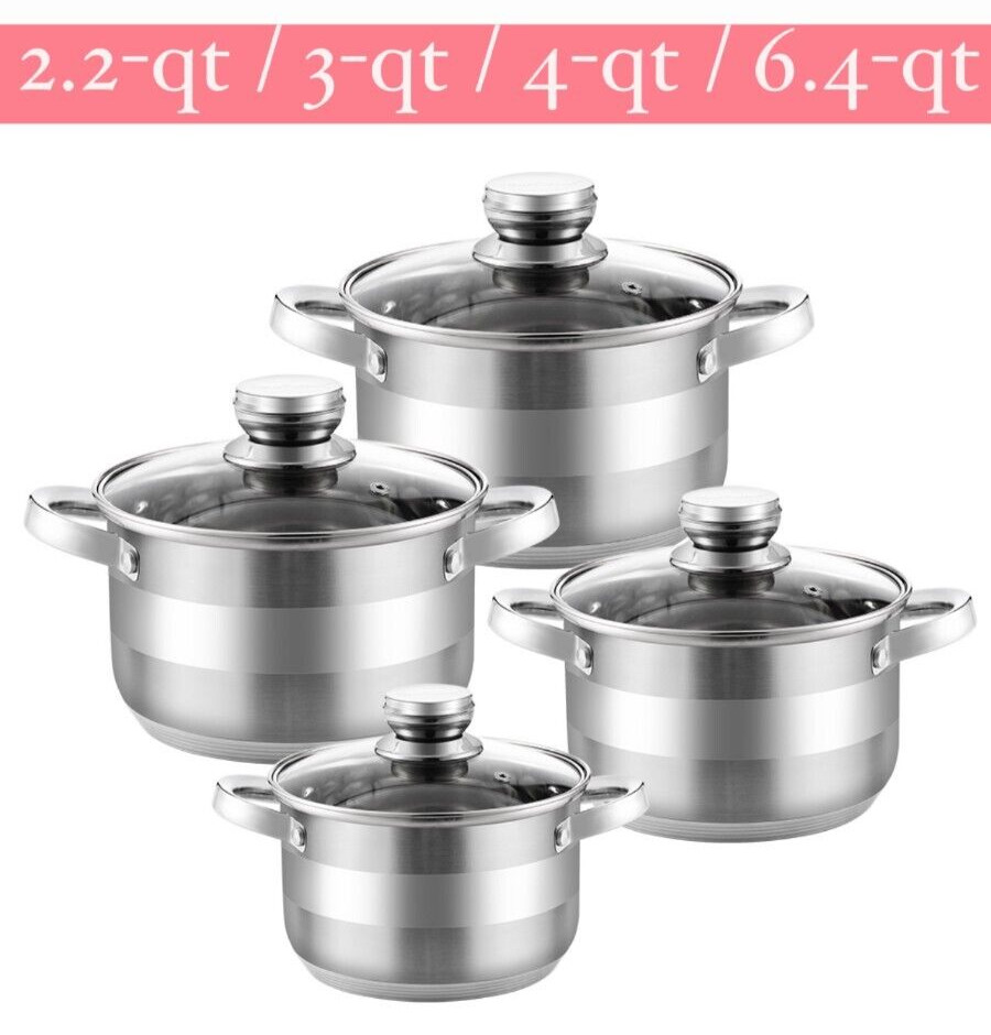 4 pc Stainless Steel Stockpot Set Cooking Pot Set Casserole 2qt 3qt 4qt 6.4qt