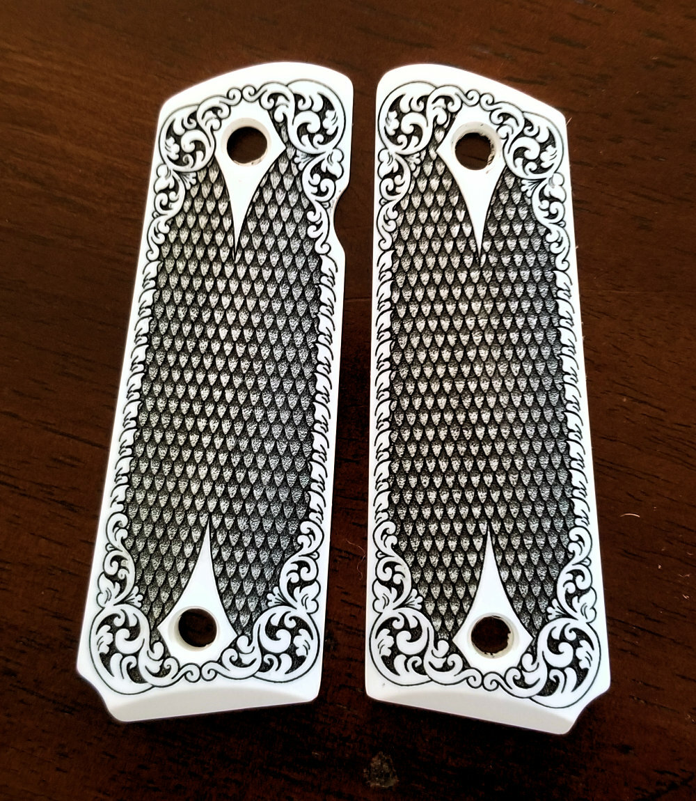 Colt 1911 full size custom engraved faux ivory grips Scroll Diamonds Checkered