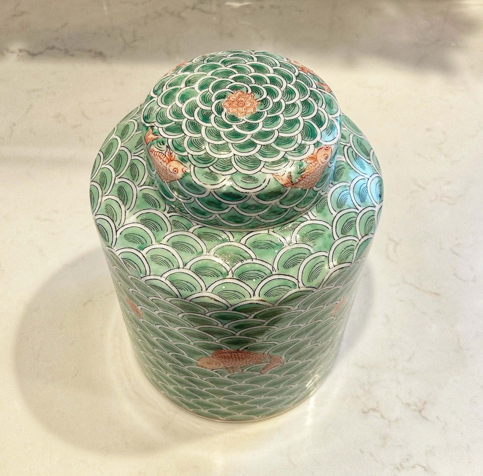ACF Japanese Porcelain Ware Ginger Jar with Mint Green Waves and Orange-Red Koi ACF Japanese Porcelain Ware Ginger Jar with Mint Green Waves and Orange-Red Koi