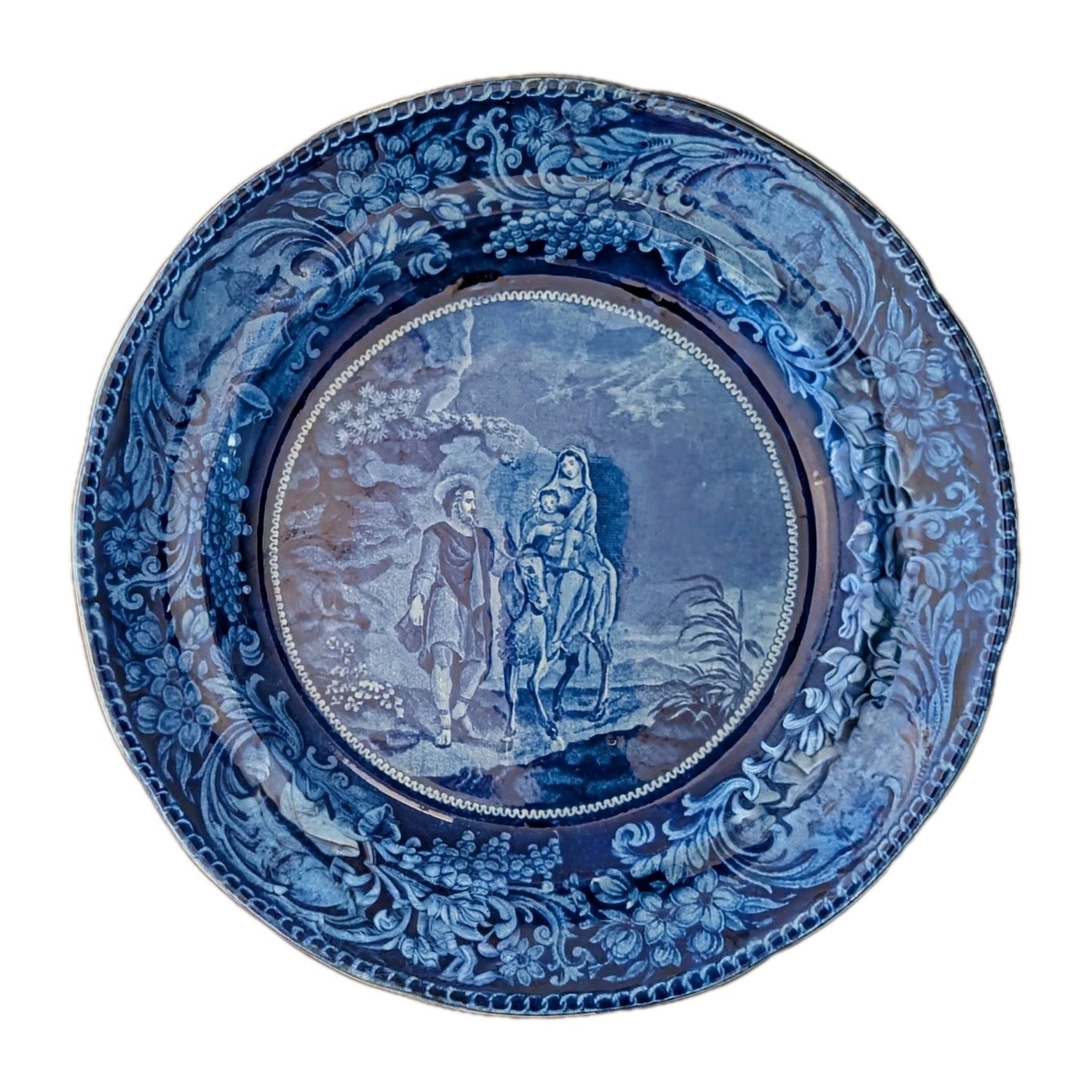 RARE 1820 s Dark Blue Scriptural Series ~ Flight into Egypt ~Jesus & Mary~E Wood