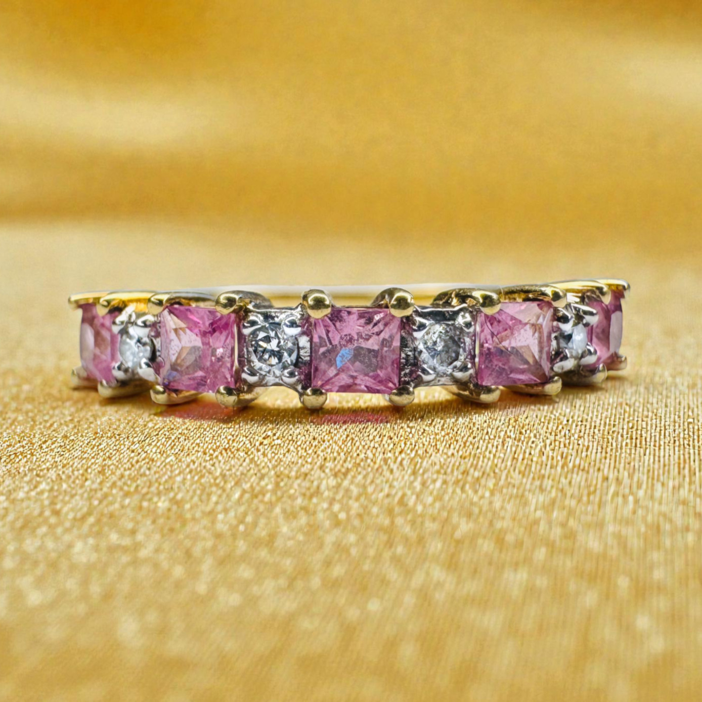 10K Gold Natural Pink Sapphire & Diamond Ring Five Stone Stacking Band- Size 7