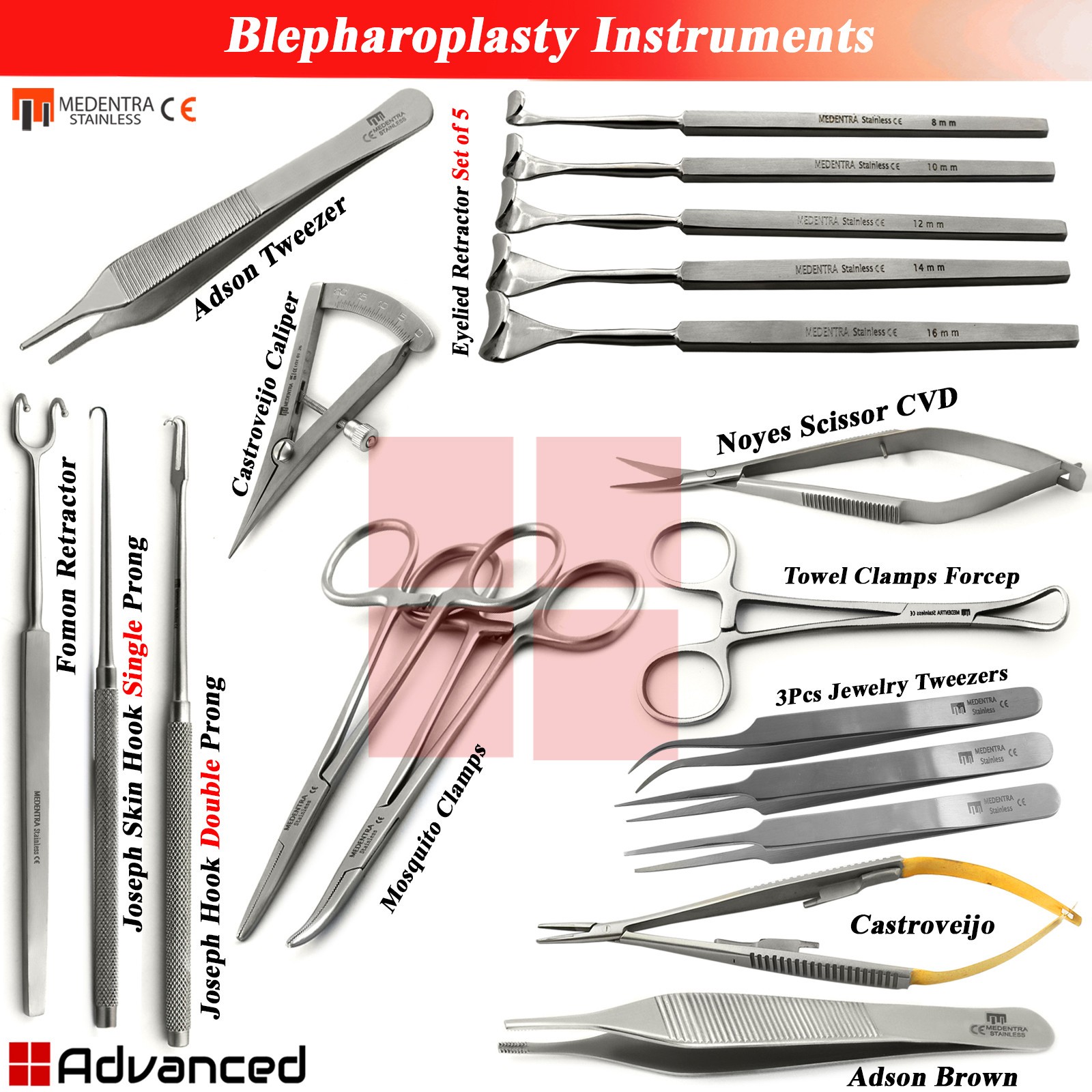 Blepharoplasty Instruments Set Eyelid Retractor Castroviejo Caliper Forceps