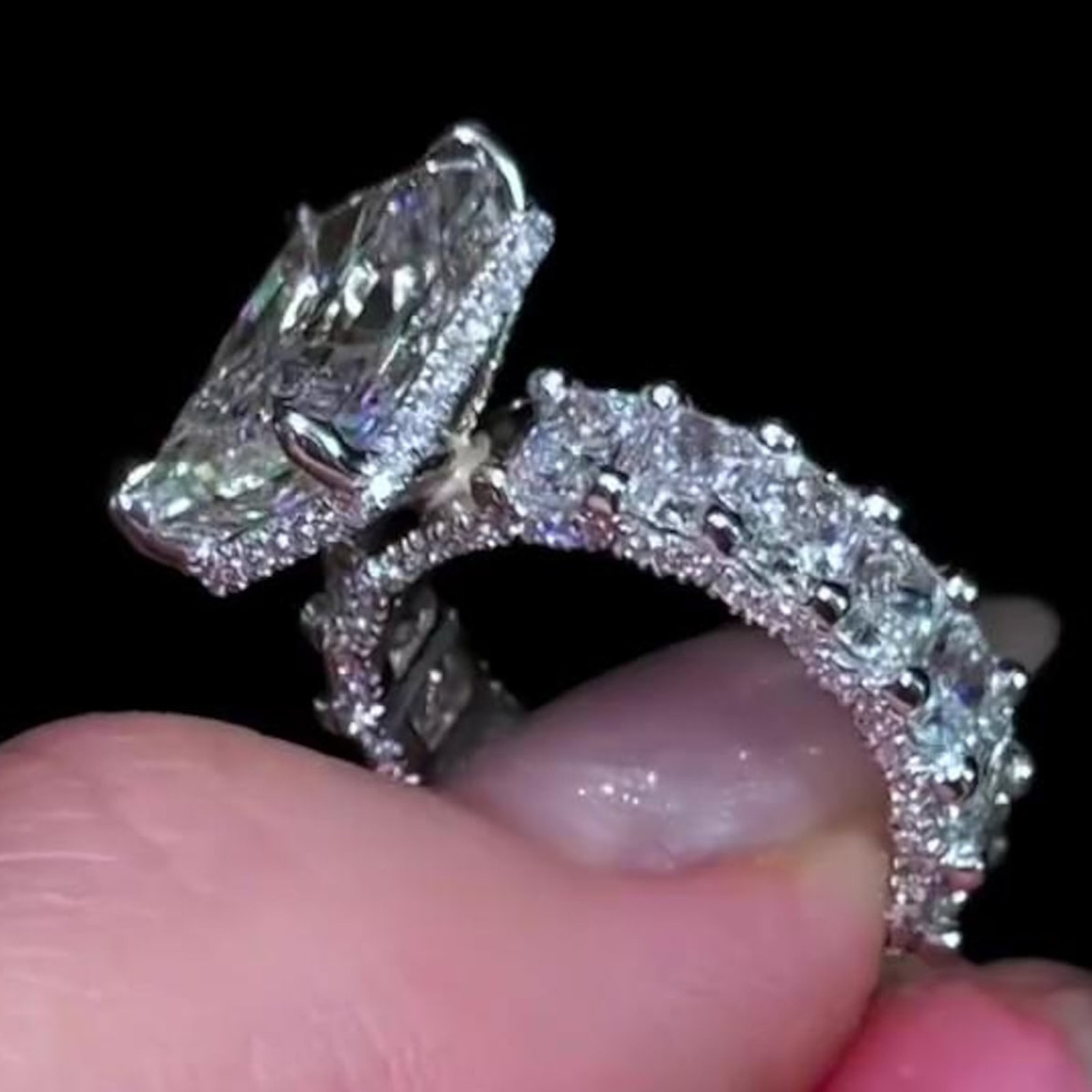 4CT Radiant Cut Moissanite Ring Hidden Halo Engagement 14K White Gold Wedding