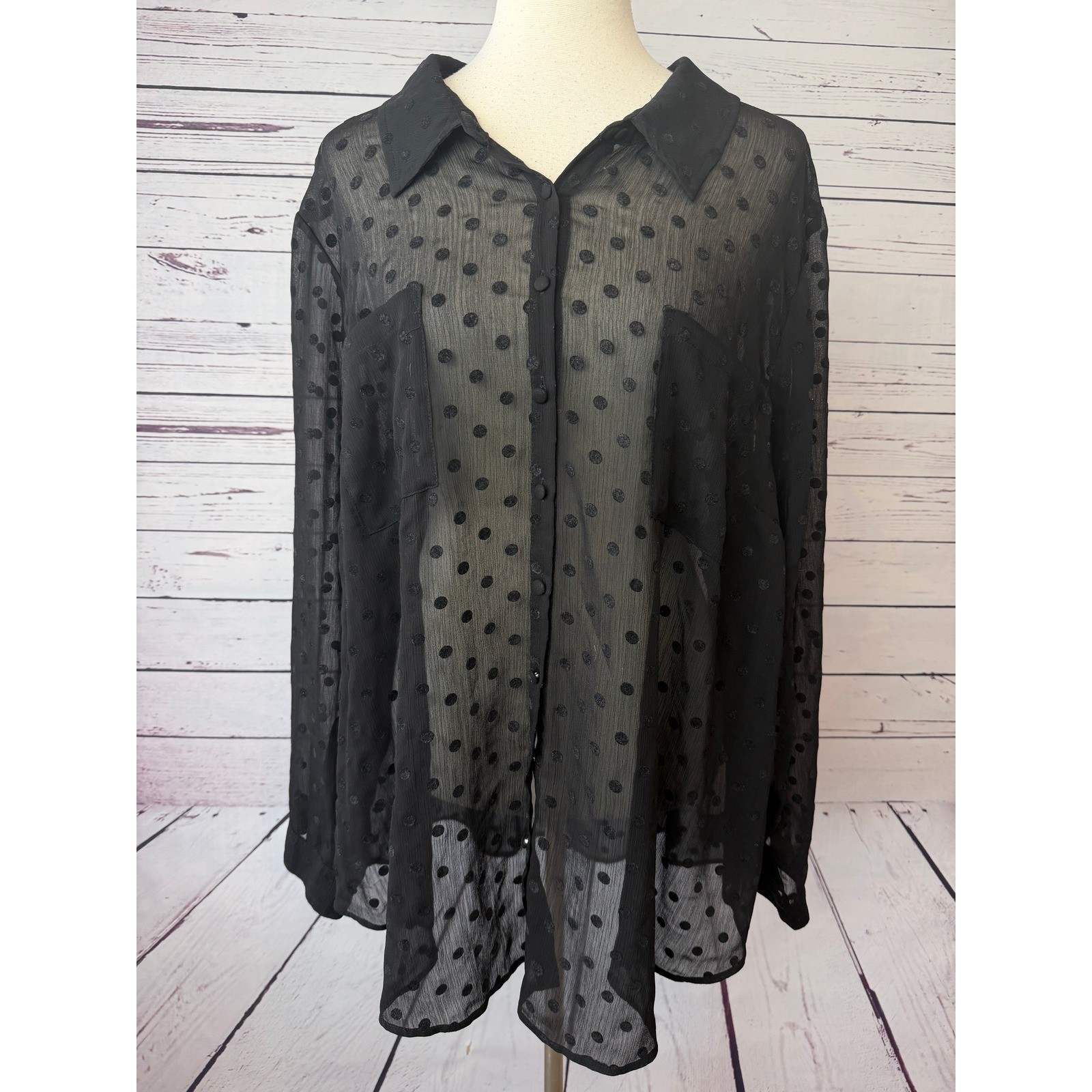 Torrid Blouse 4 4X Plus Size Black Sheer Flocked Shirt Black Long Sleeve Goth