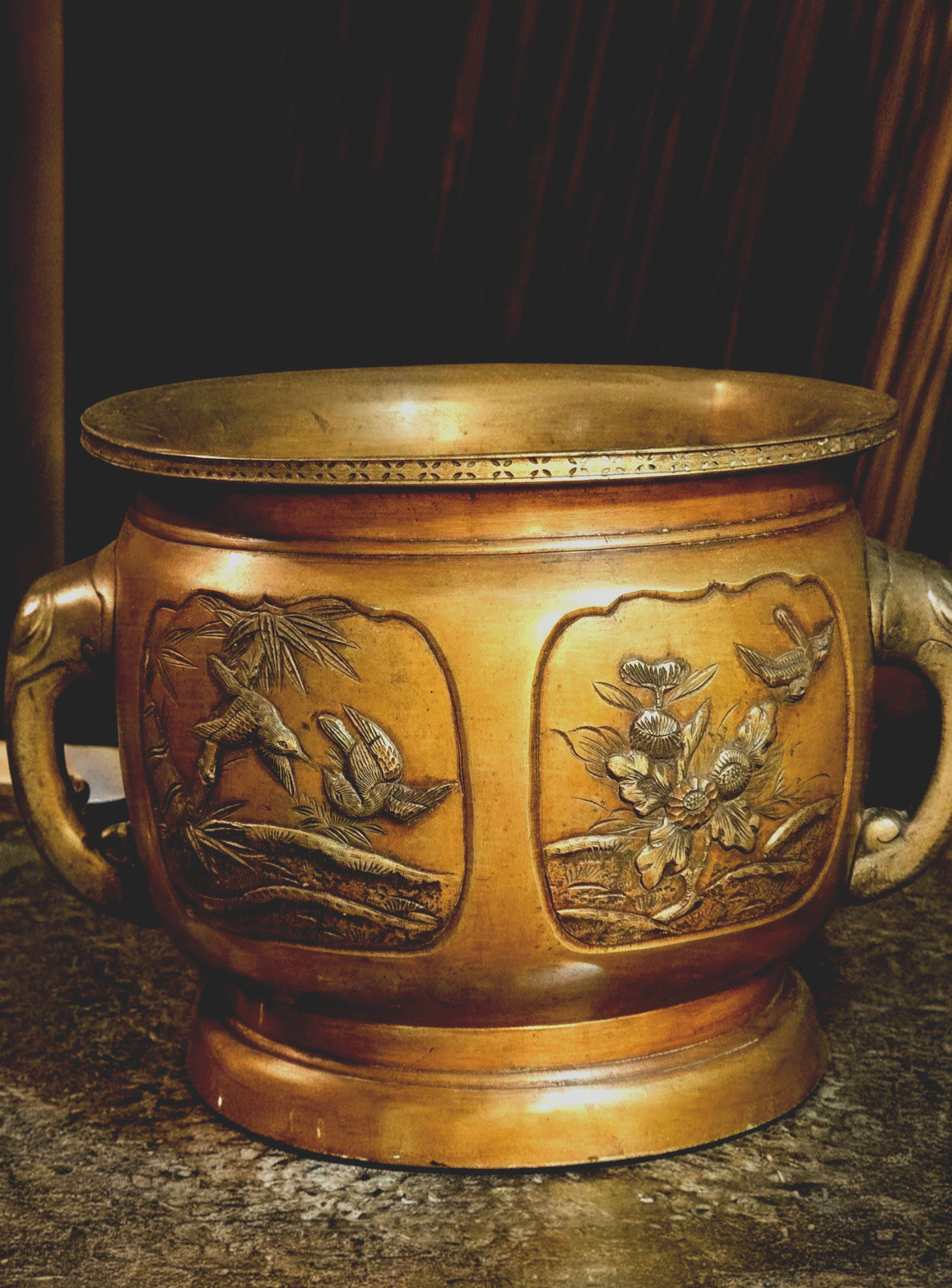 Antique Japanese Bronze Jardiniere Elephant Handles Birds Meiji Taisho 10in