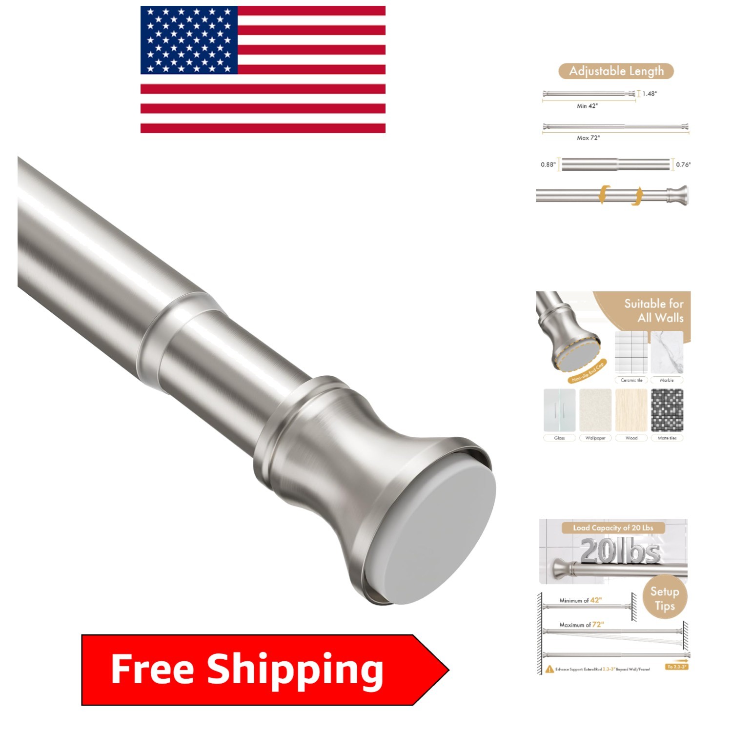 Elegant Rust-Resistant Tension Shower Curtain Rod, 42-72 Inches, Nickel Finish