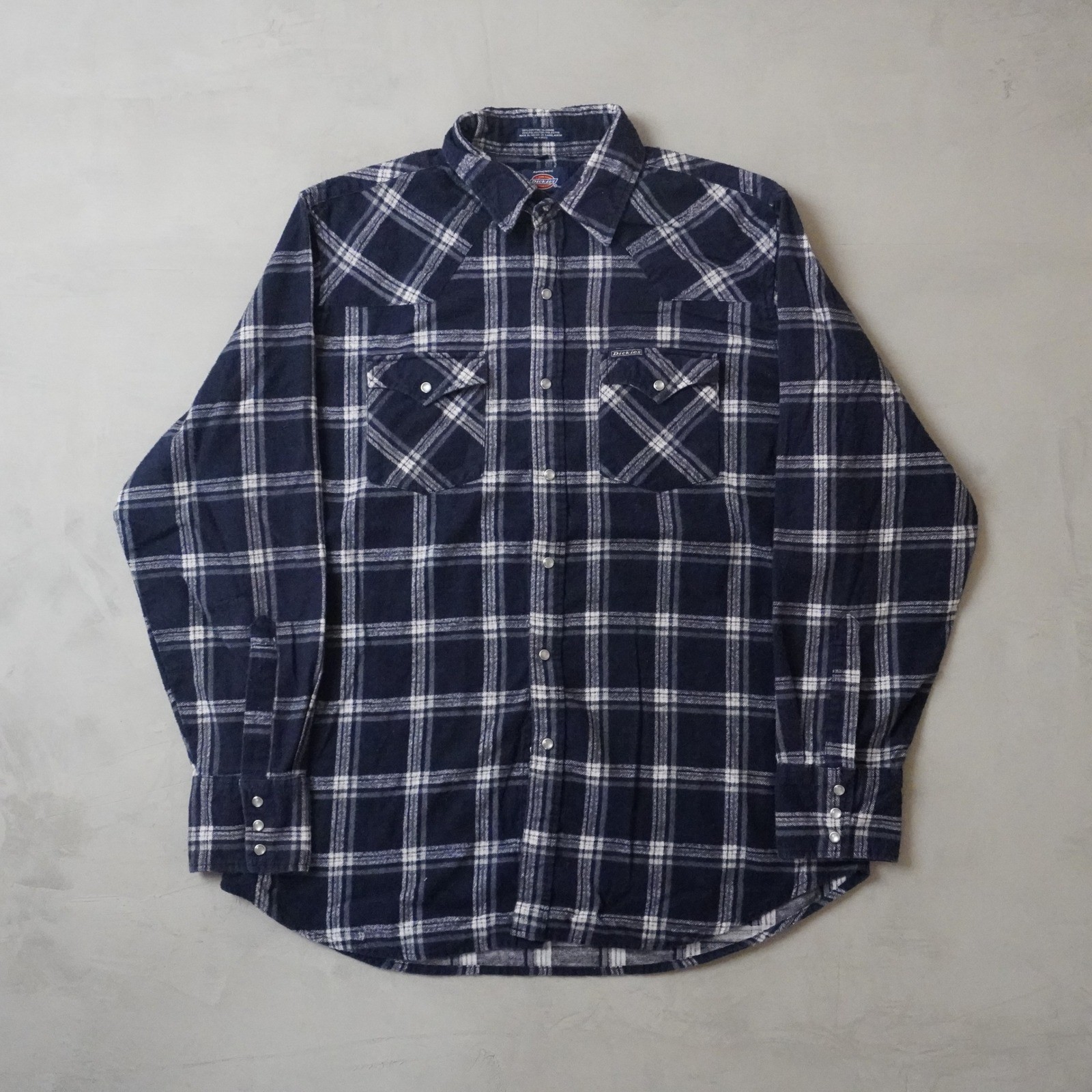 Dickies Western Flannel Shirt Large Mens Navy Blue White Plaid Pearl Snap Yoke Dickies Western Flannel Shirt Large Mens Navy Blue White Plaid Pearl Snap Yoke