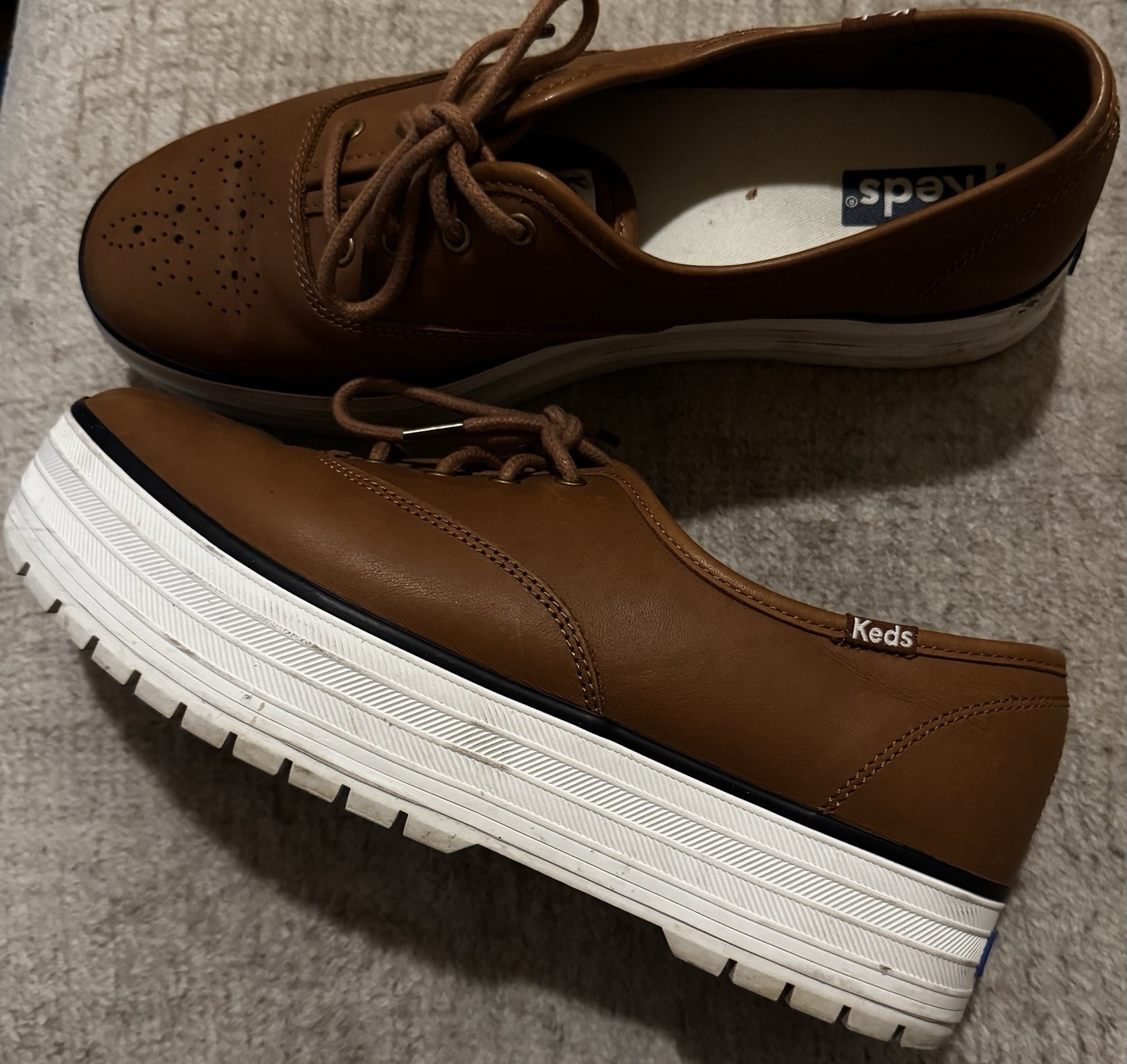 EUC Keds Women\'s Broguing Platform Lug Leather Casual Shoe Size 7.5 Cognac Brown EUC Keds Women\'s Broguing Platform Lug Leather Casual Shoe Size 7.5 Cognac Brown