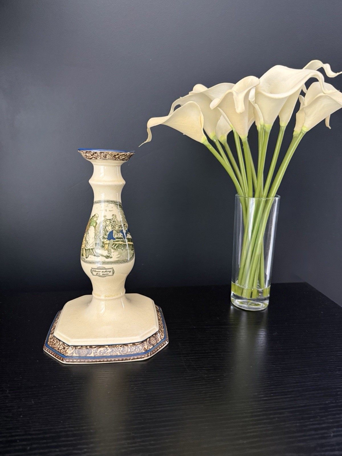 Antique Wm Adams & Sons English Transferware Candlestick-Oliver Asking For More