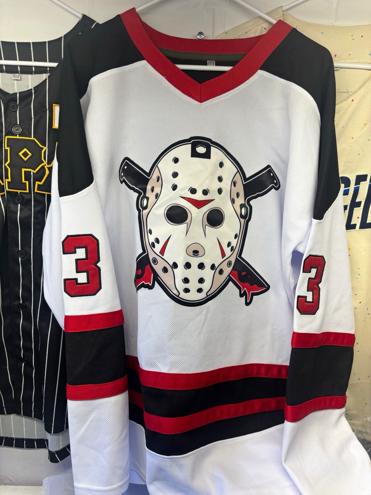 Voorhees 13 Hockey Jersey Jason Mask Front White Black Red Colors Voorhees 13 Hockey Jersey Jason Mask Front White Black Red Colors