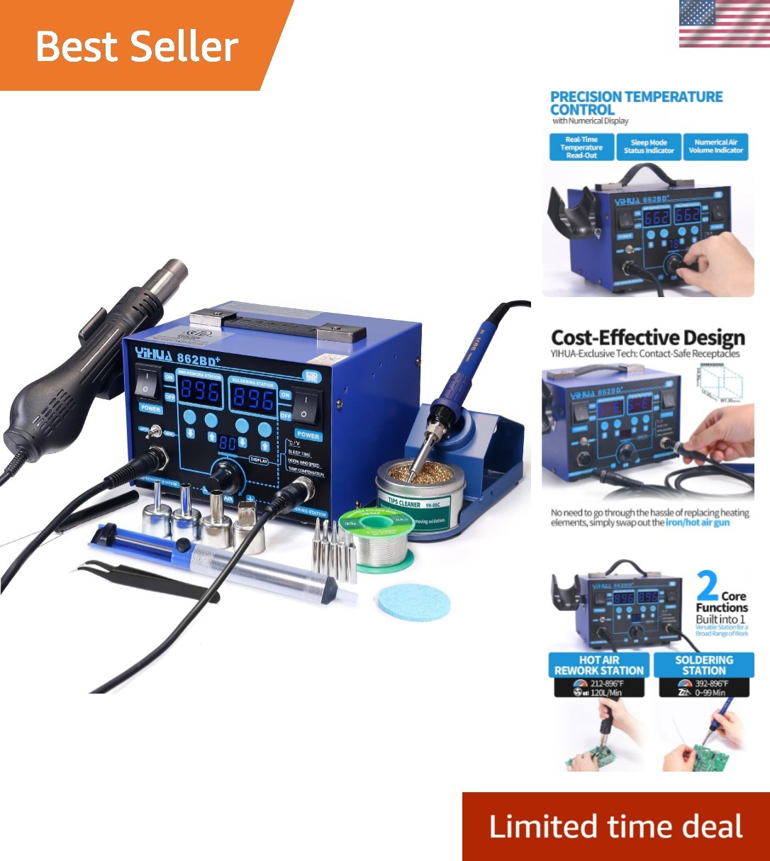 Complete 2-in-1 ESD Safe Soldering Iron & Hot Air Station with 12-