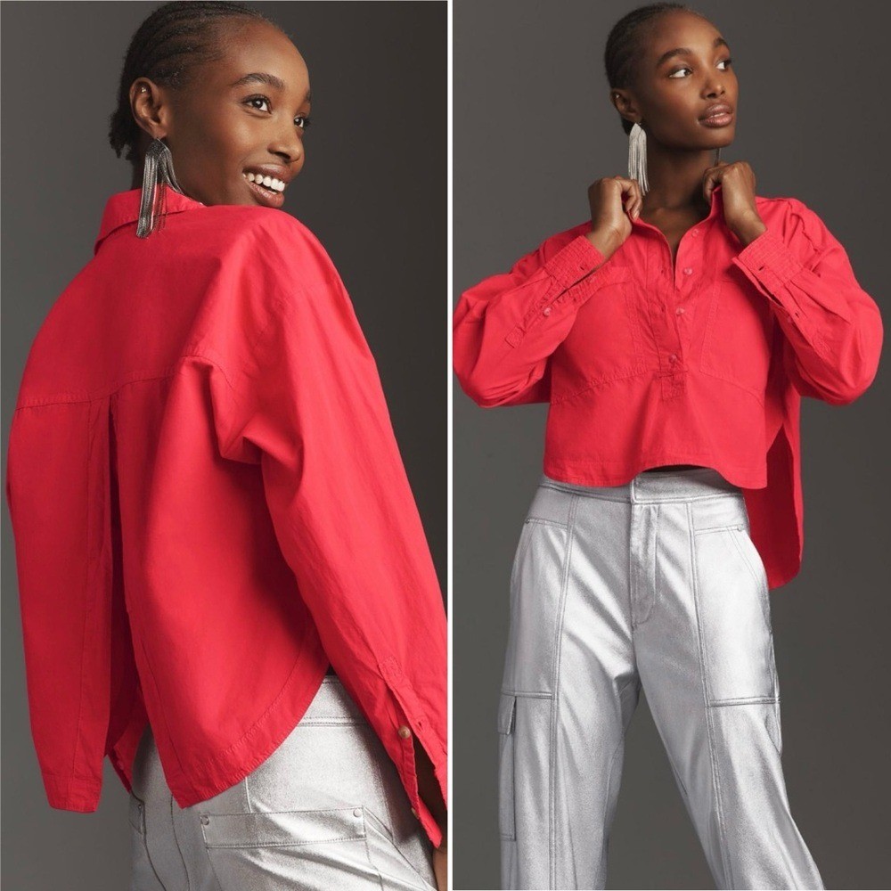 PILCRO by Anthropologie Back Slit Button Down Red Oversized Top Women’s Size SP PILCRO by Anthropologie Back Slit Button Down Red Oversized Top Women’s Size SP