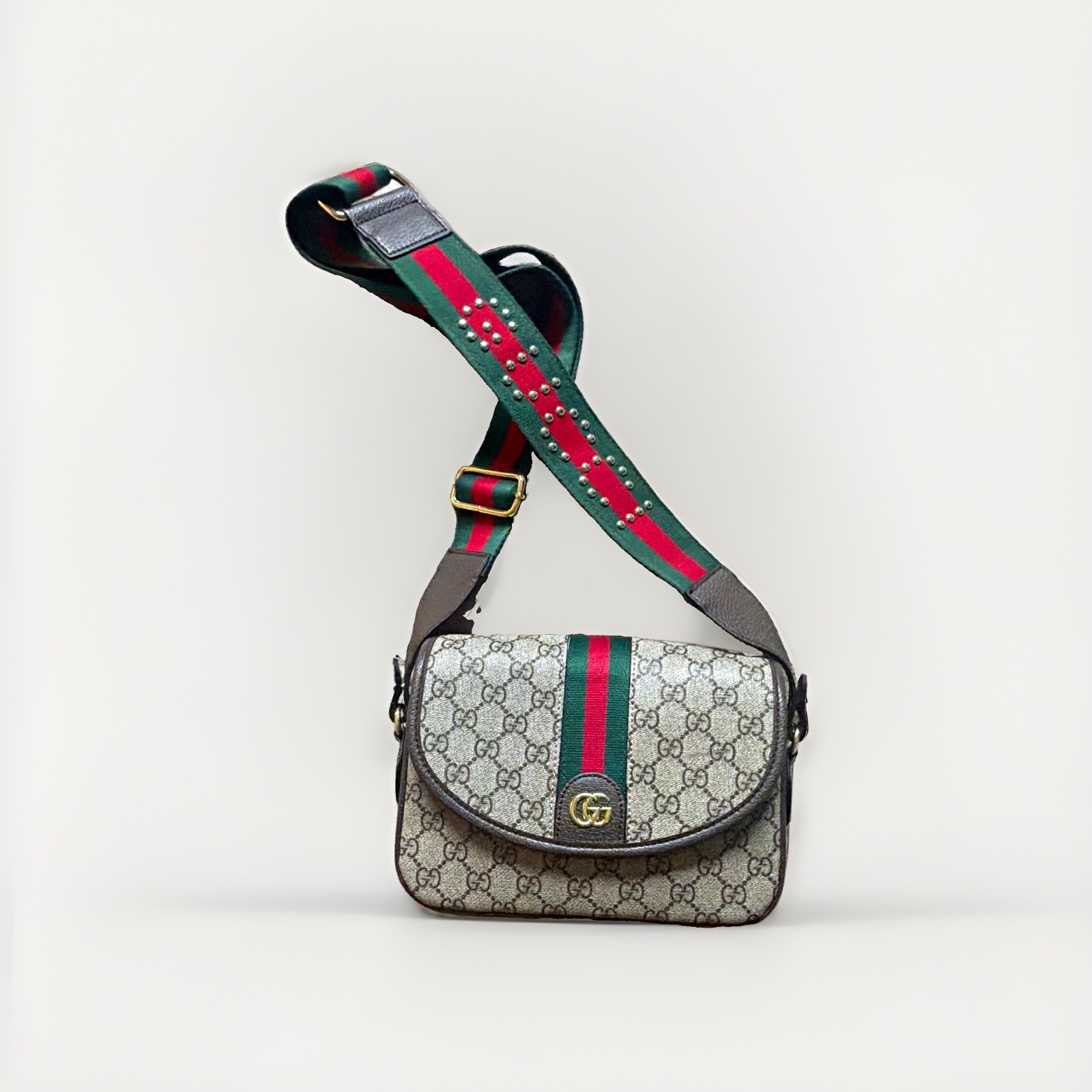 Gucci GG Monogram Crossbody Bag Beige/Brown with Red & Green Web Strap Gucci GG Monogram Crossbody Bag Beige/Brown with Red & Green Web Strap