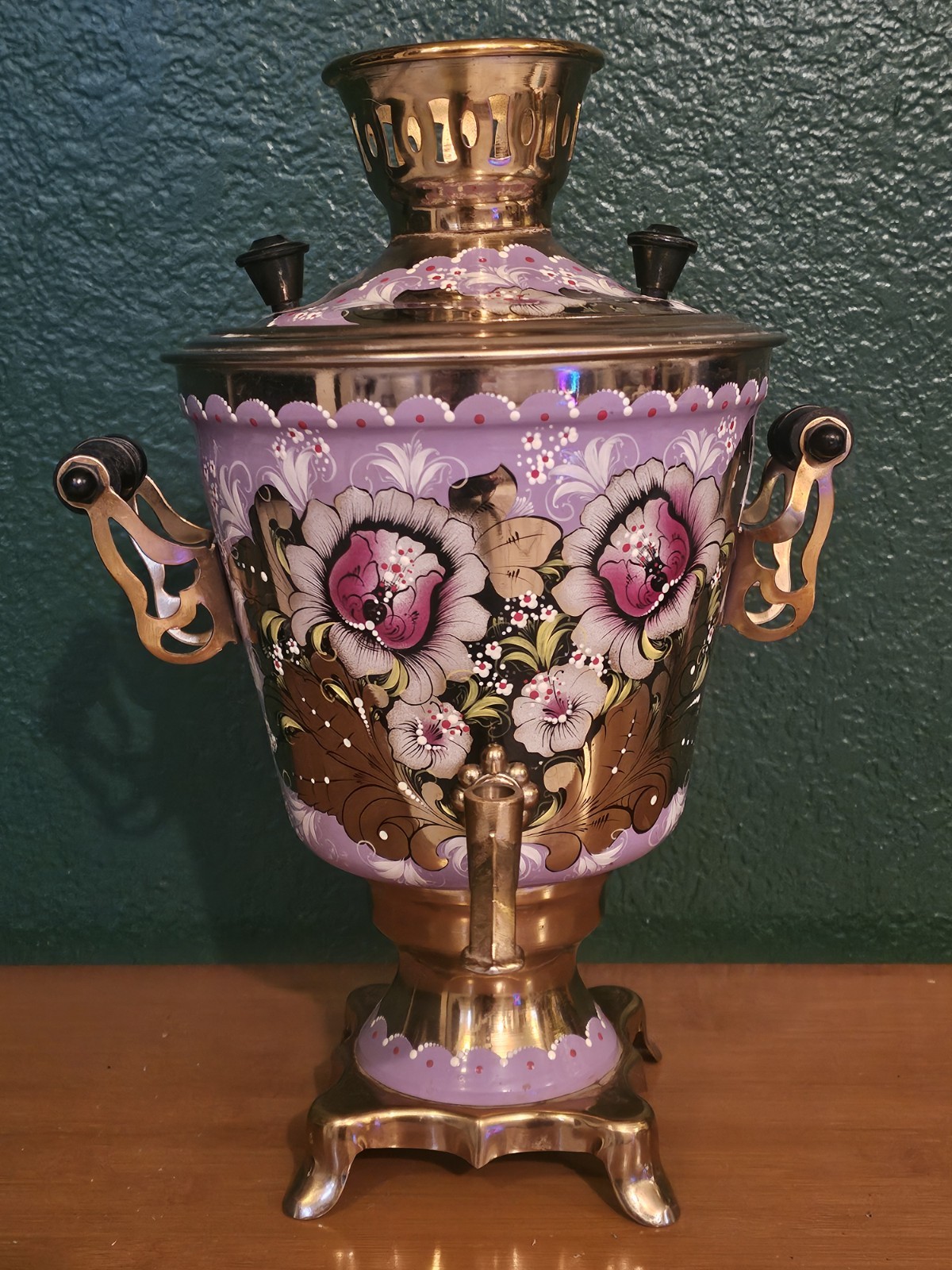 Vtg Electric Samovar Painted Khokhloma Style St Petersburg USSR Orange Red Gold