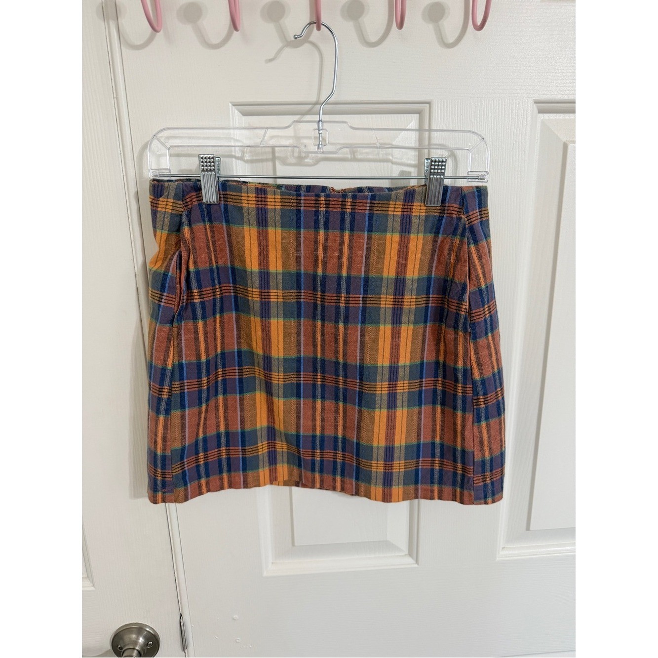 Urban Outfitters M Plaid Mini Skirt Pockets Orange Blue 70s Preppy Academia