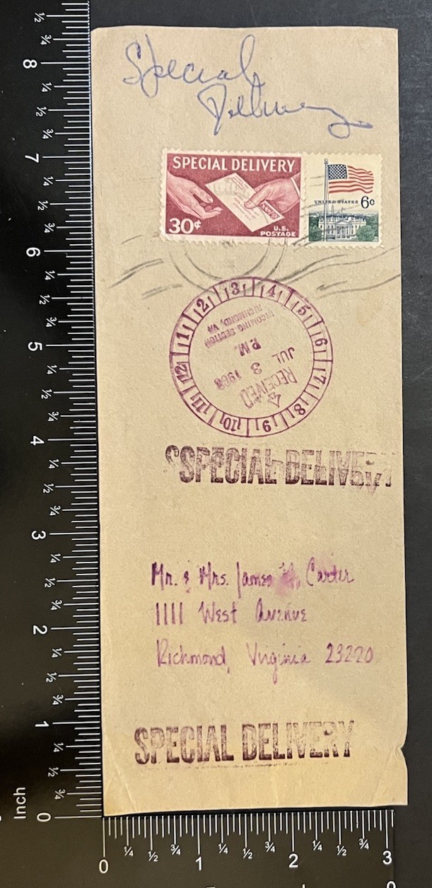 Travelstamps: 1968 Special Delivery Cover Richmond, VA with Invitation Enclosed Travelstamps: 1968 Special Delivery Cover Richmond, VA with Invitation Enclosed