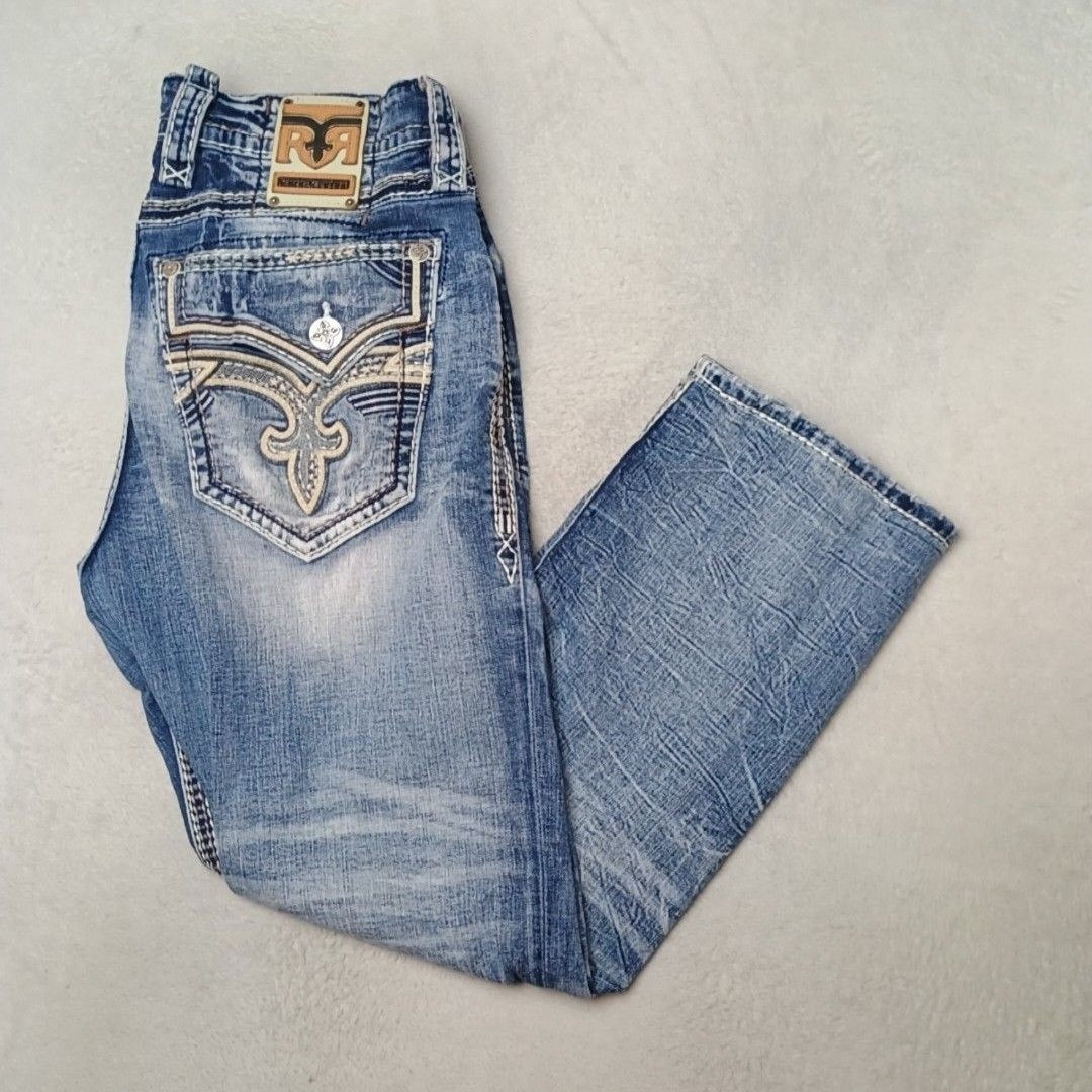Rock Revival Jeans Mens 36x30 Light Wash Jackee Straight Embroidered Distressed