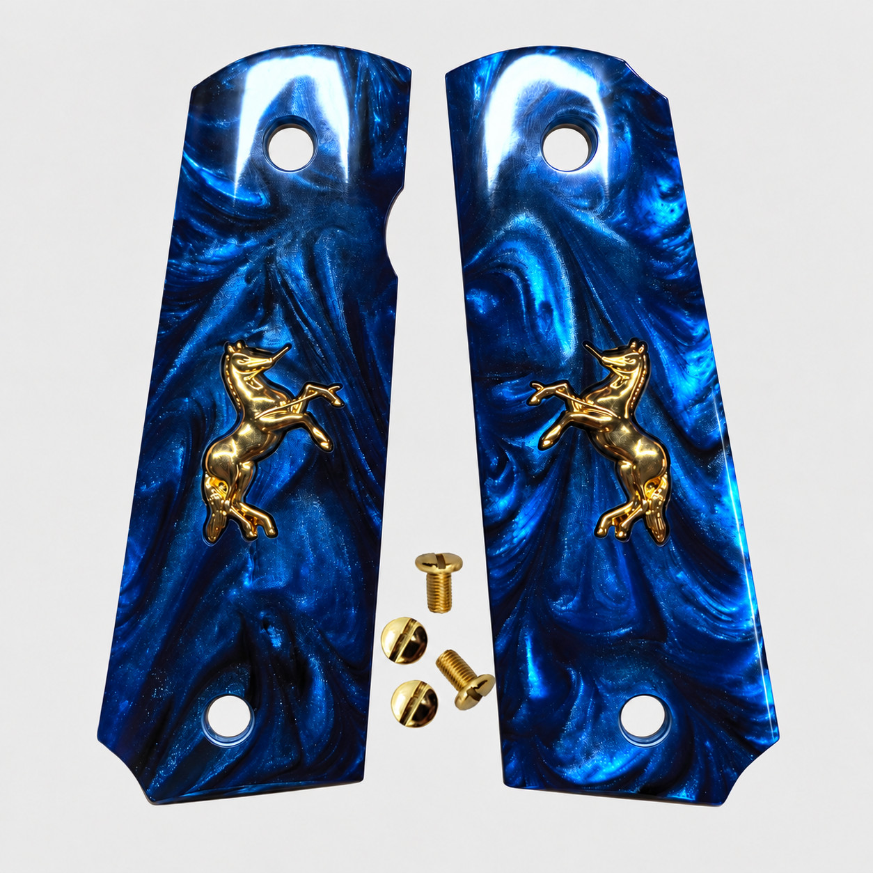 1911 Grips Full Size fit Colt Springfield Grips Blue Pearl W/Gold Horse & Screw