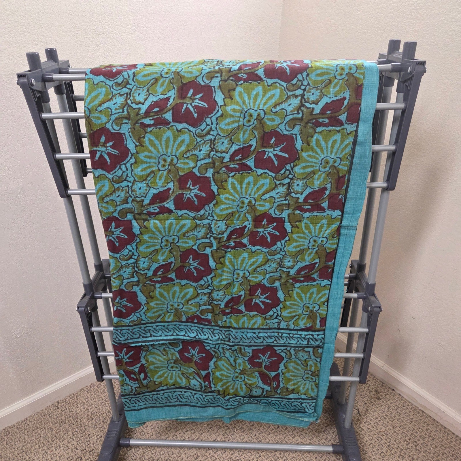 Vintage Indian Hand Block Print Floral Cotton Bedspread Blue Burgundy 86x104